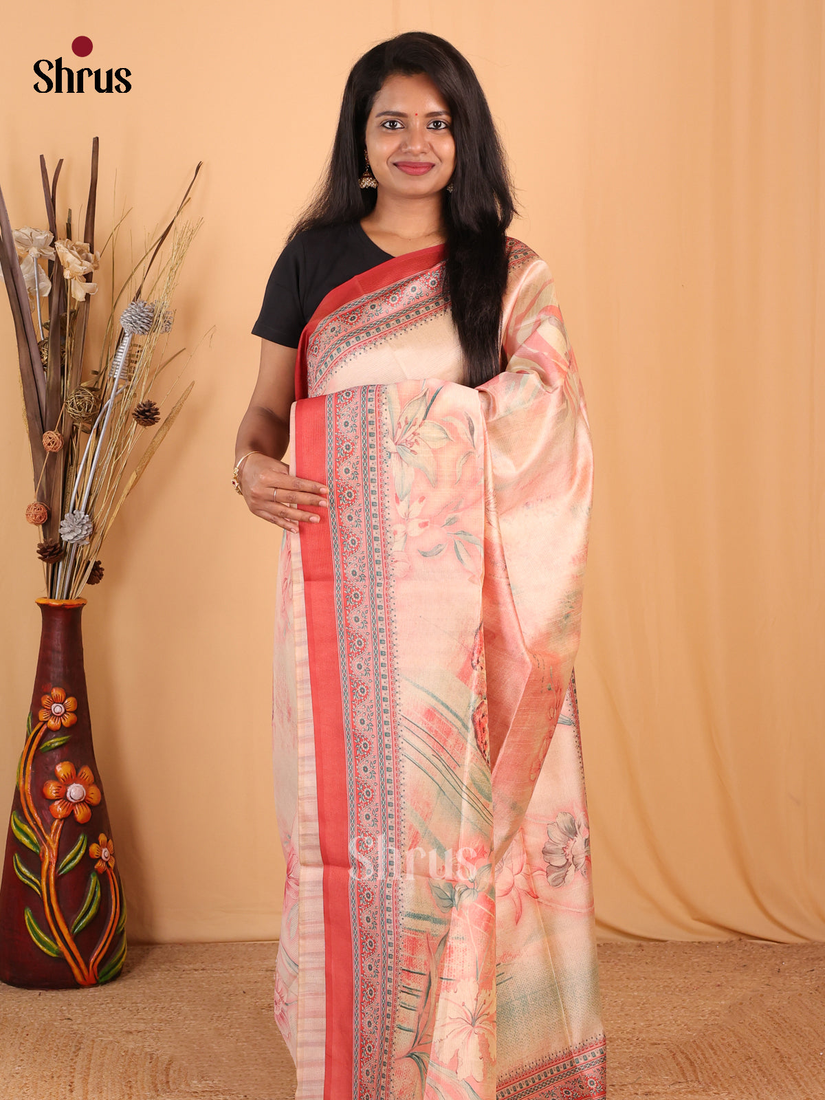 Cream & Red - Champa semitussar Saree - Shop on Shrus.com