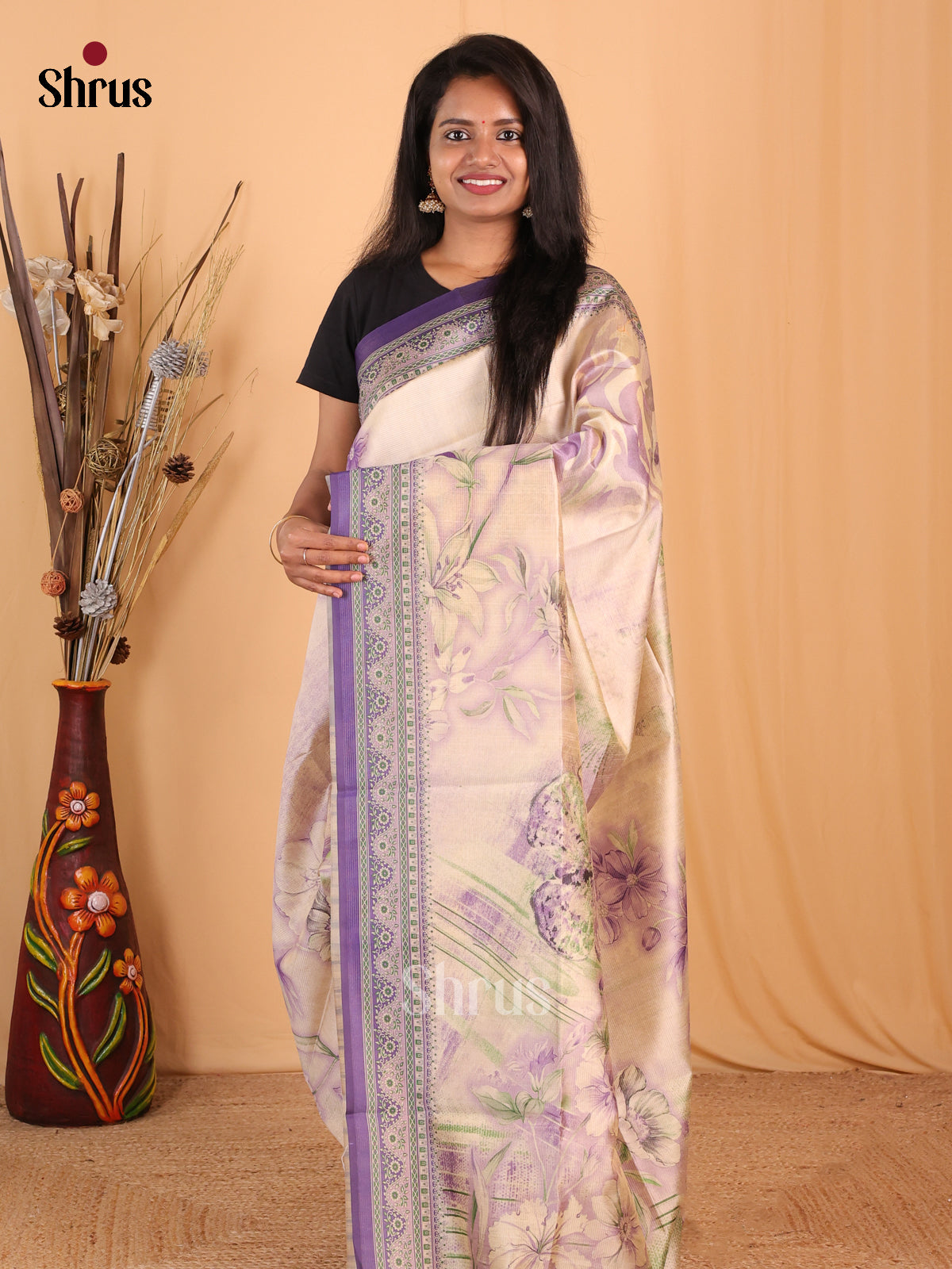 Cream & Purple- Champa semitussar Saree - Shop on Shrus.com