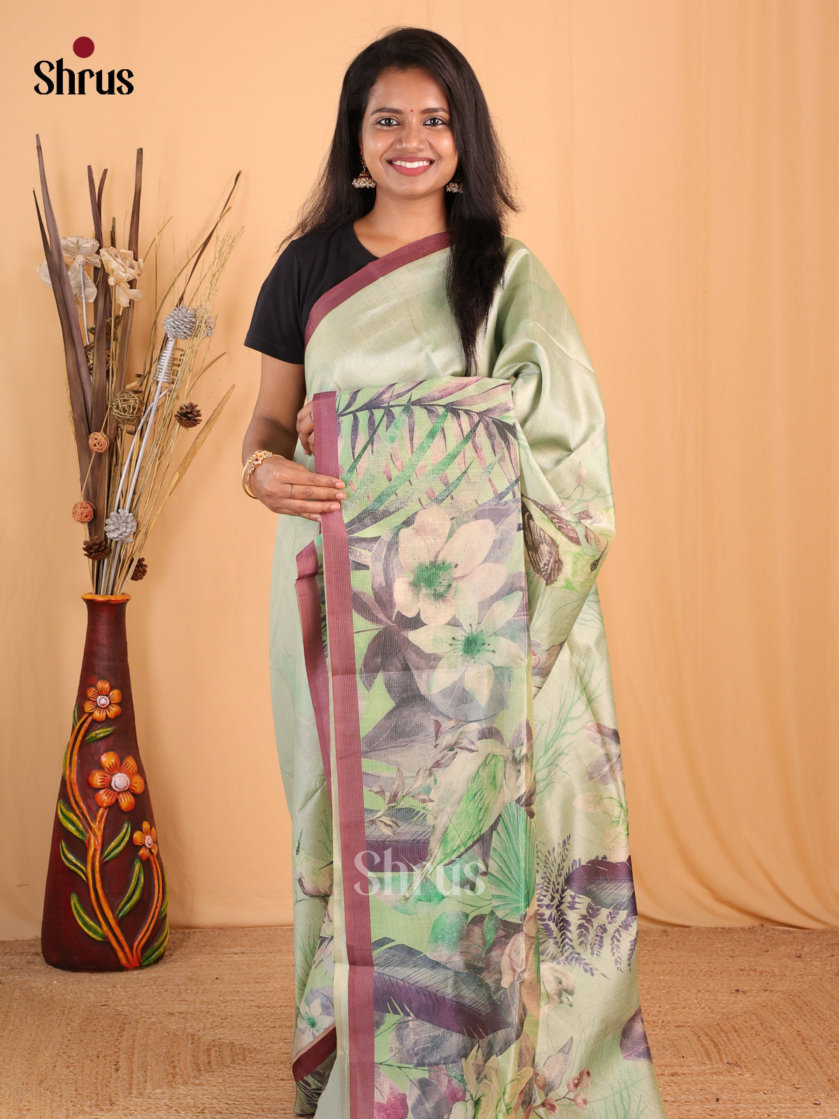 Pastel Green & Brown - Champa semitussar Saree - Shop on Shrus.com