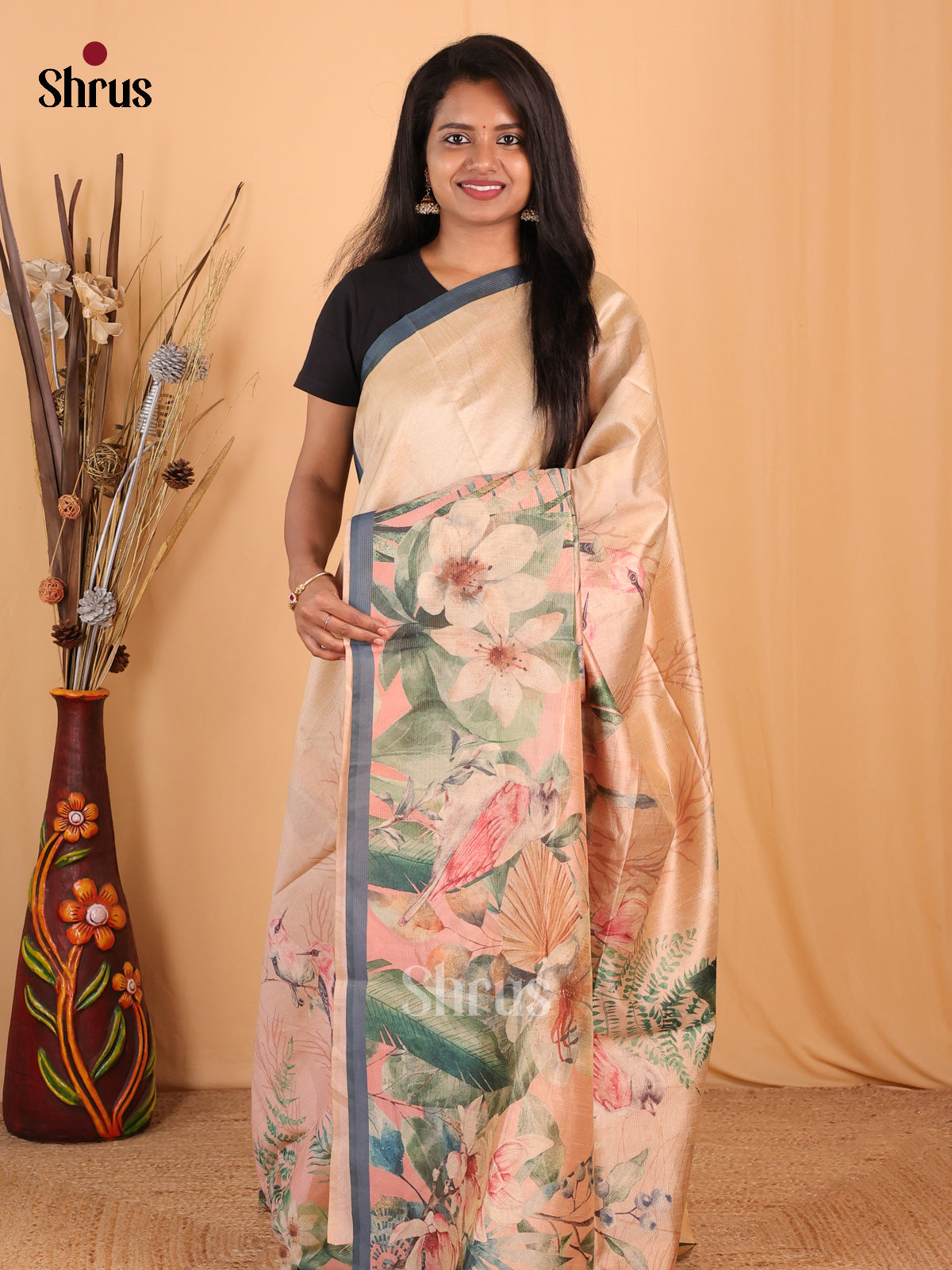 Peachish Pink & Grey - Champa semitussar Saree - Shop on Shrus.com