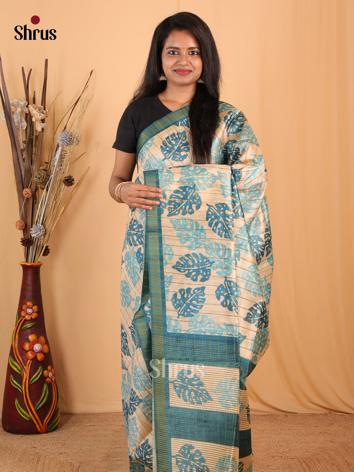 Cream & Blue - Champa semitussar Saree - Shop on Shrus.com