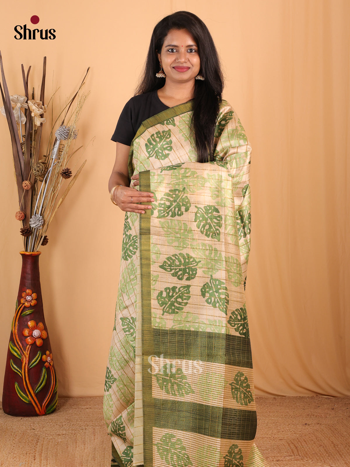 Cream & Green - Champa semitussar Saree - Shop on Shrus.com