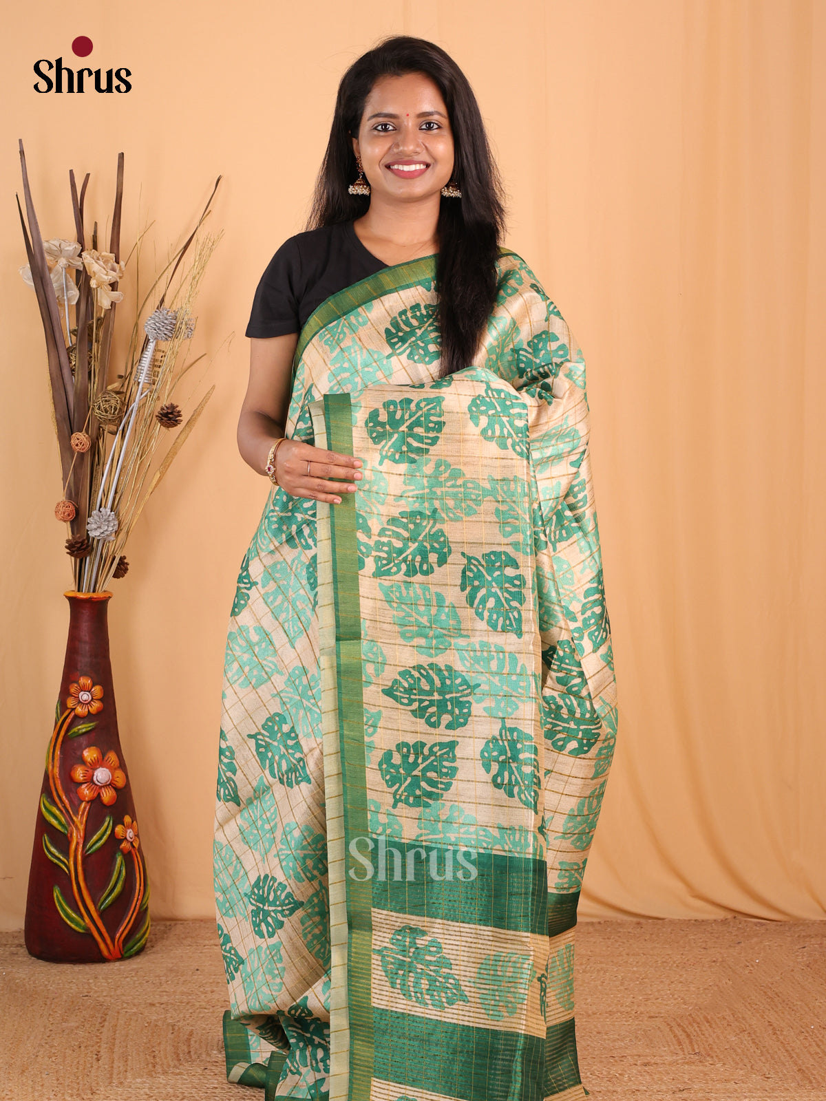 Cream & Green - Champa semitussar Saree - Shop on Shrus.com