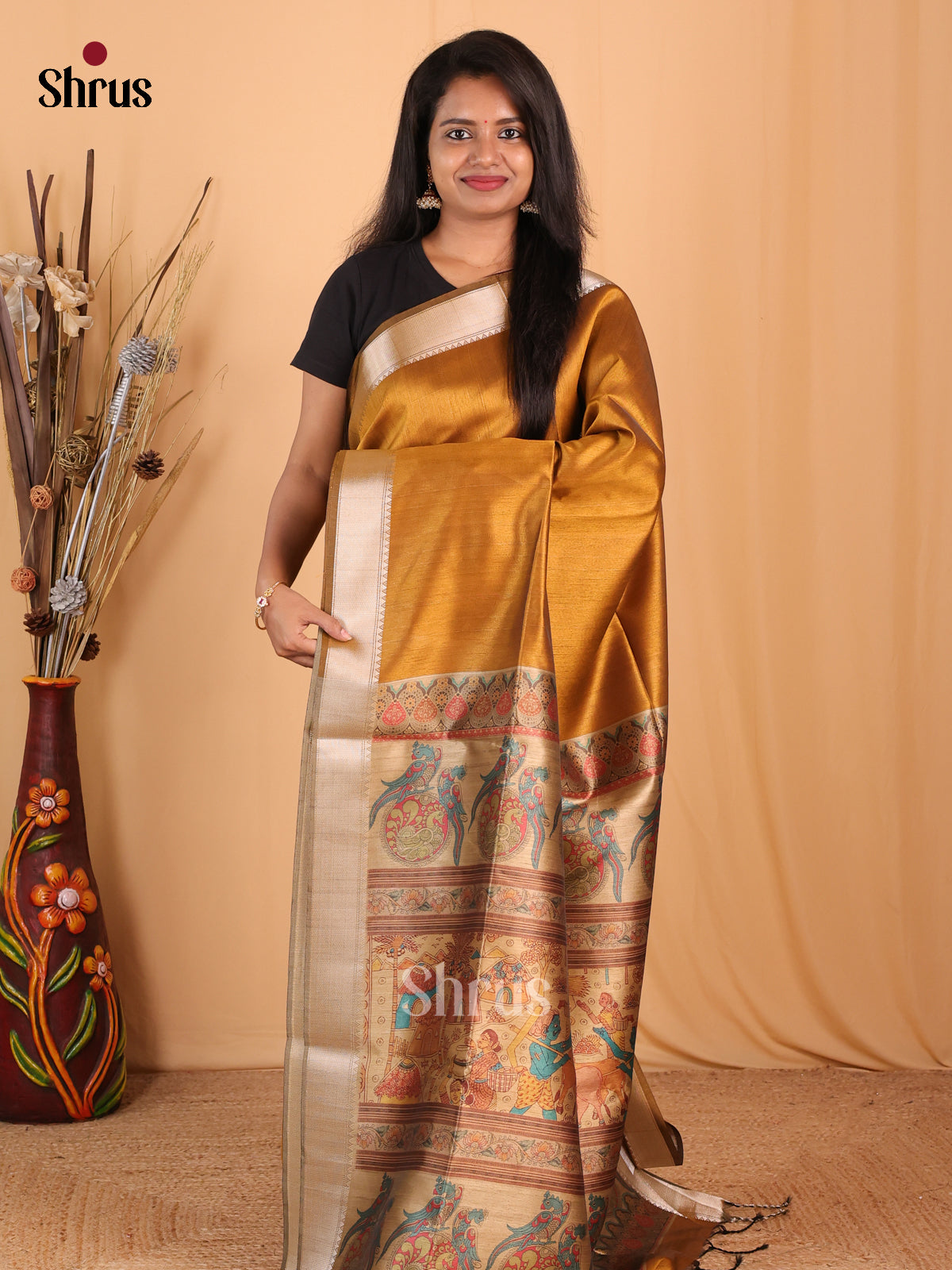 Mustard & Beige- Champa semitussar Saree - Shop on Shrus.com