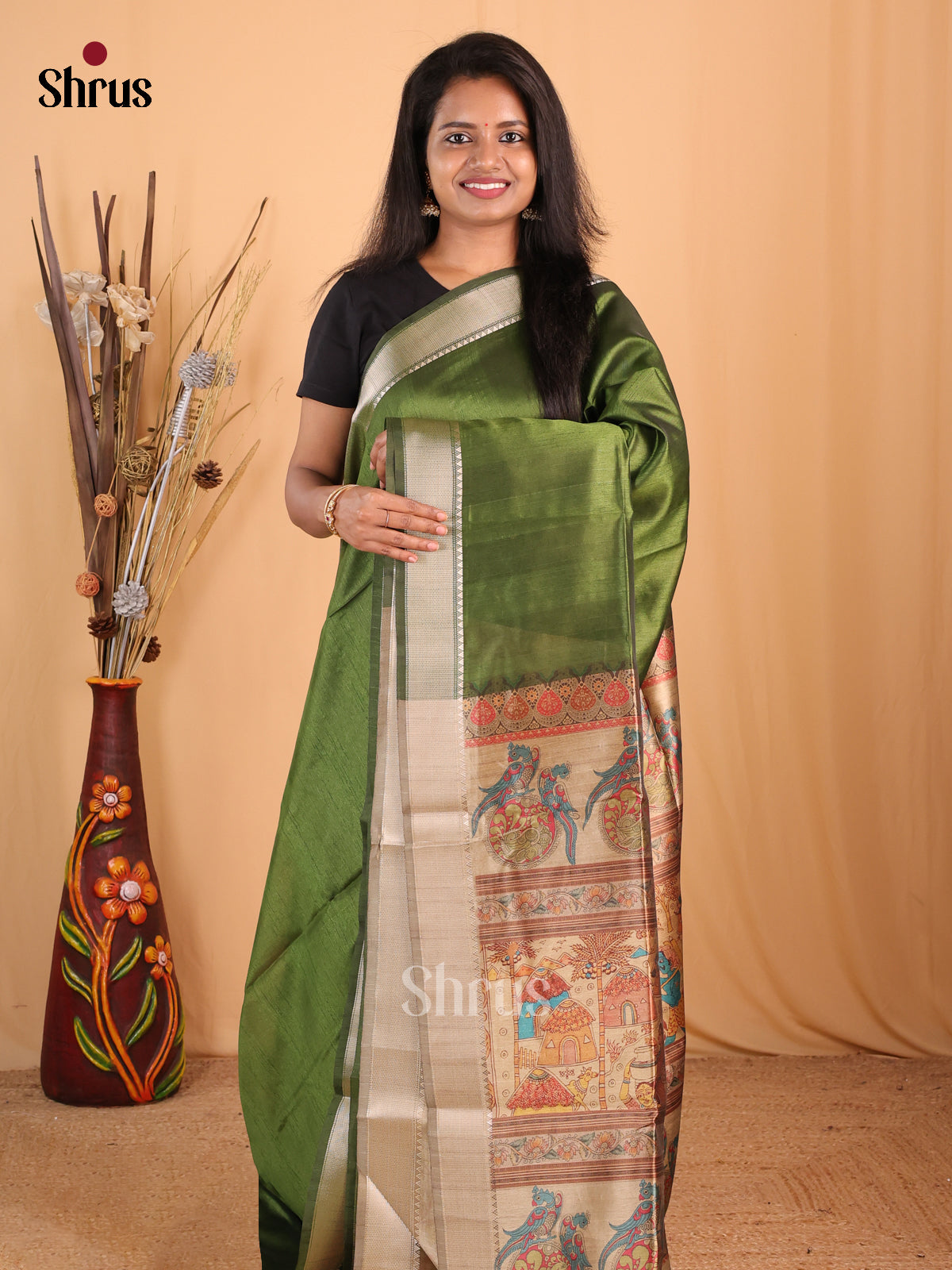 Green & Beige - Champa semitussar Saree - Shop on Shrus.com