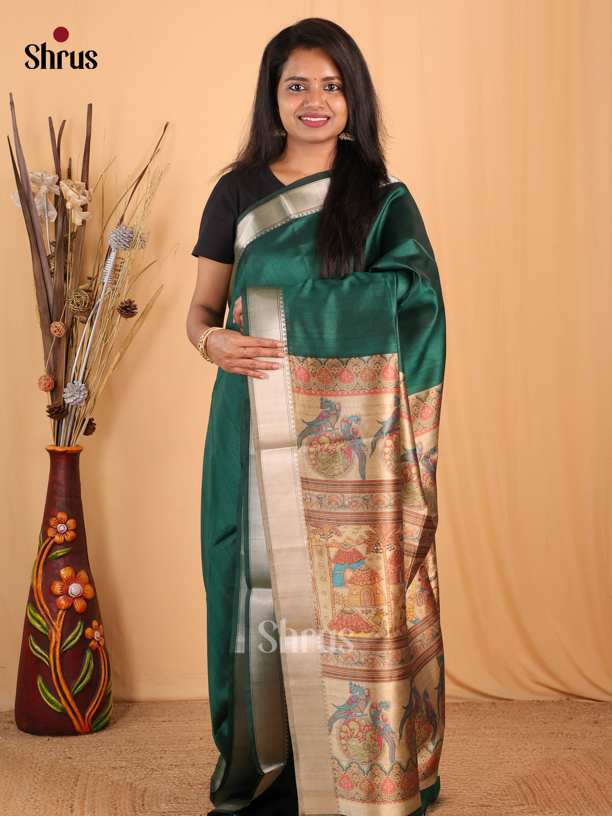 Green & Beige - Champa semitussar Saree - Shop on Shrus.com