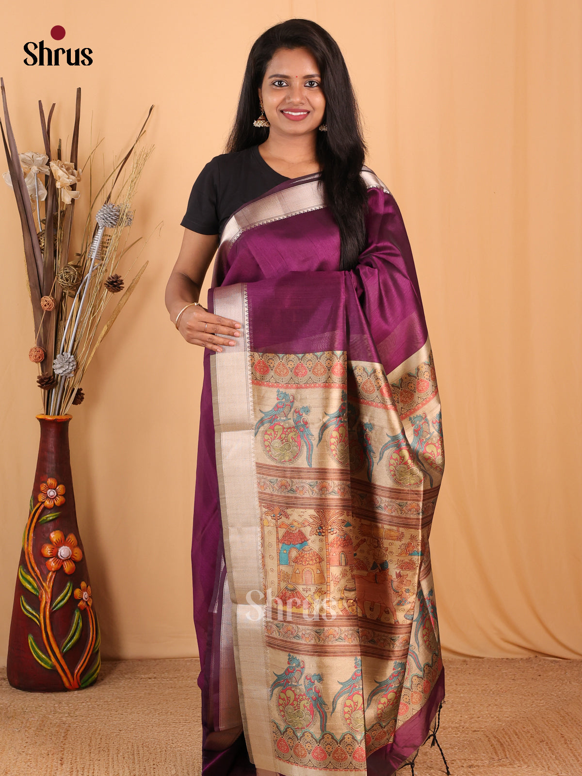 Purple & Beige - Champa semitussar Saree - Shop on Shrus.com