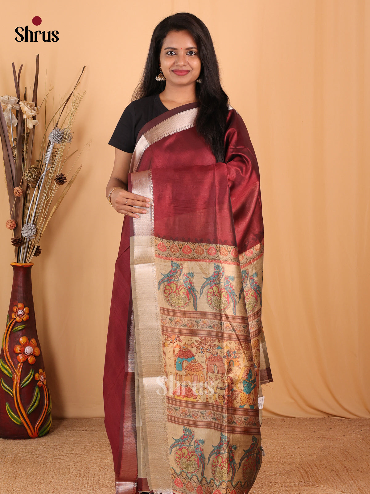 Maroon & Beige - Champa semitussar Saree - Shop on Shrus.com