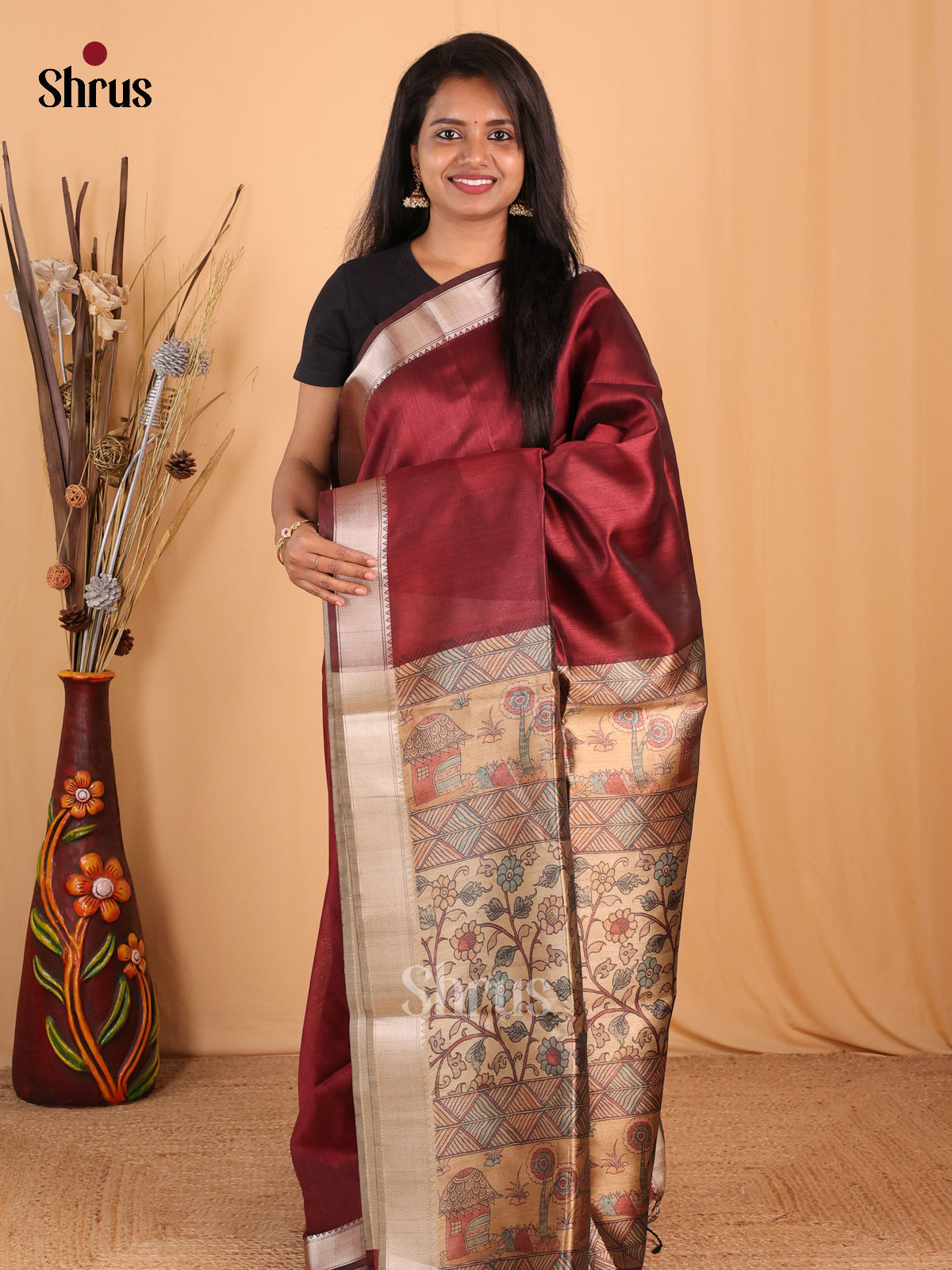 Maroon - Champa semitussar Saree - Shop on Shrus.com