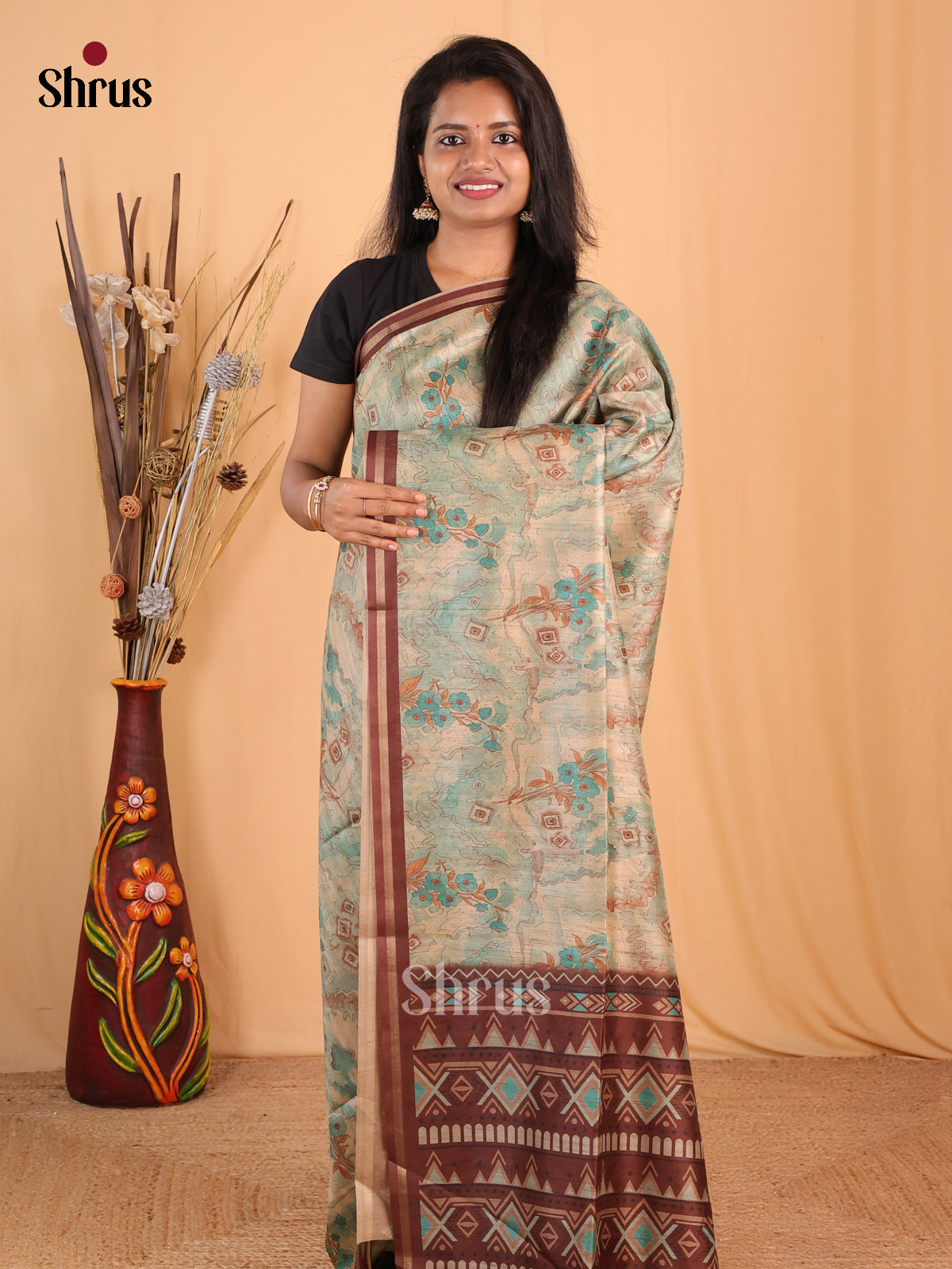 Green & Brown - Champa semitussar Saree - Shop on Shrus.com