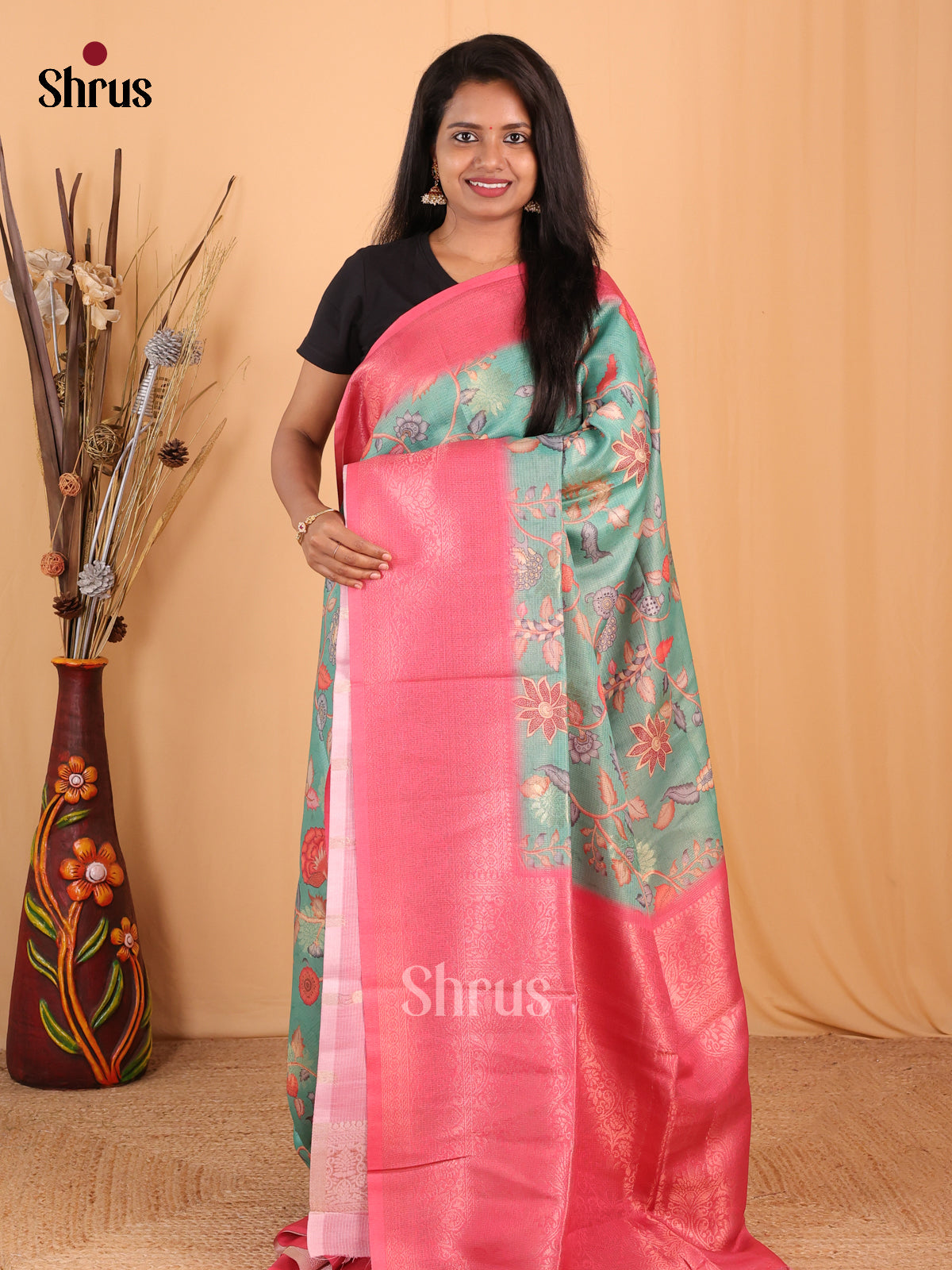 Green & Pink- Champa semitussar Saree - Shop on Shrus.com
