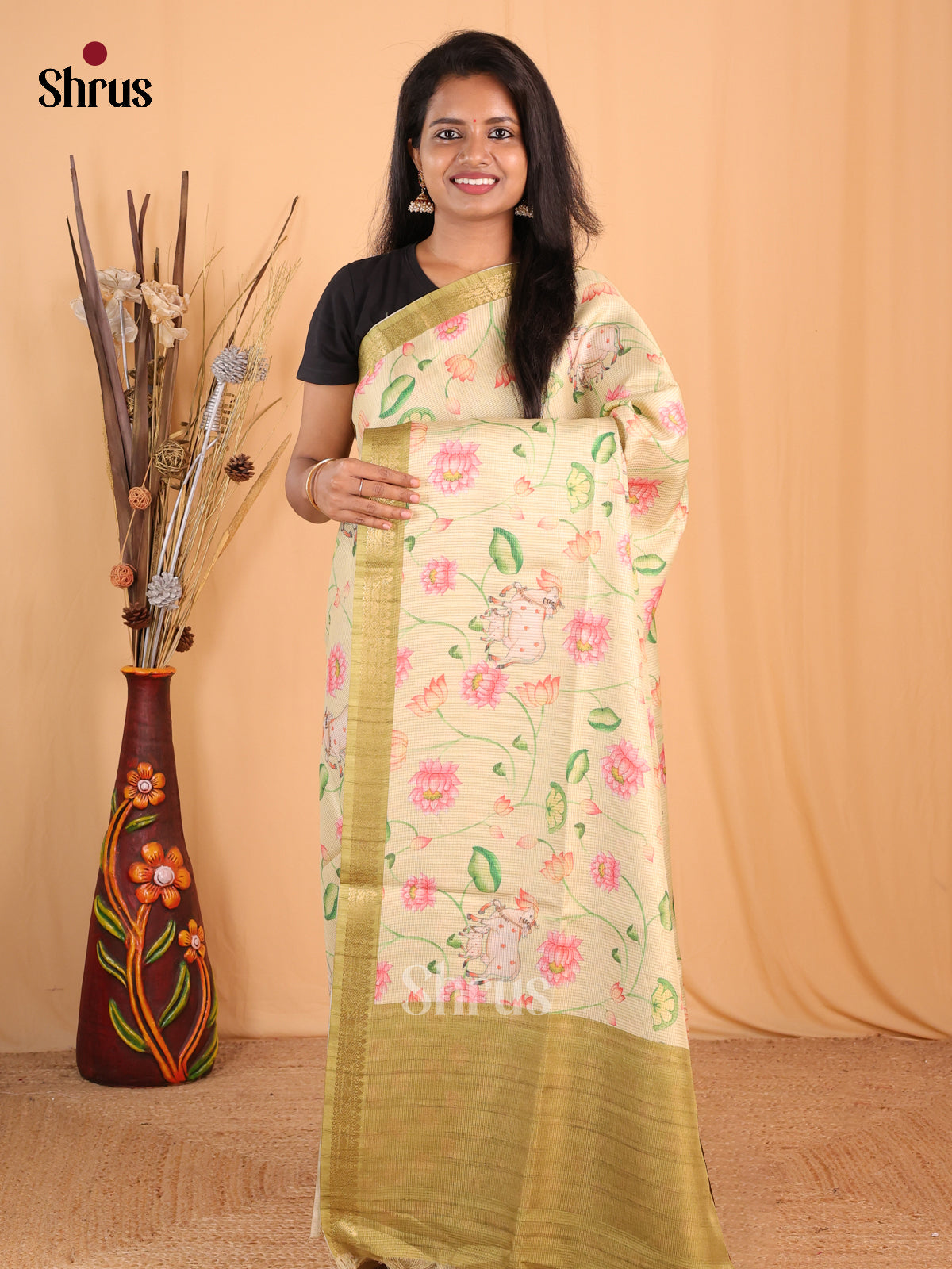 Cream & Green - Champa semitussar Saree - Shop on Shrus.com