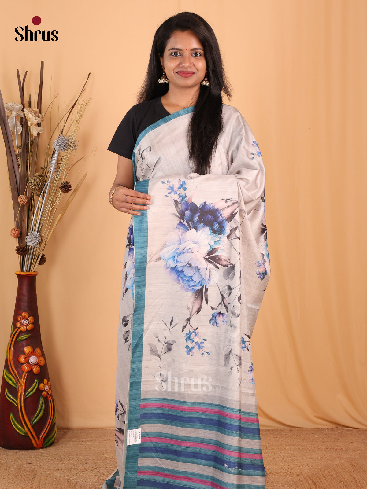 Cream & Blue - Champa semitussar Saree - Shop on Shrus.com