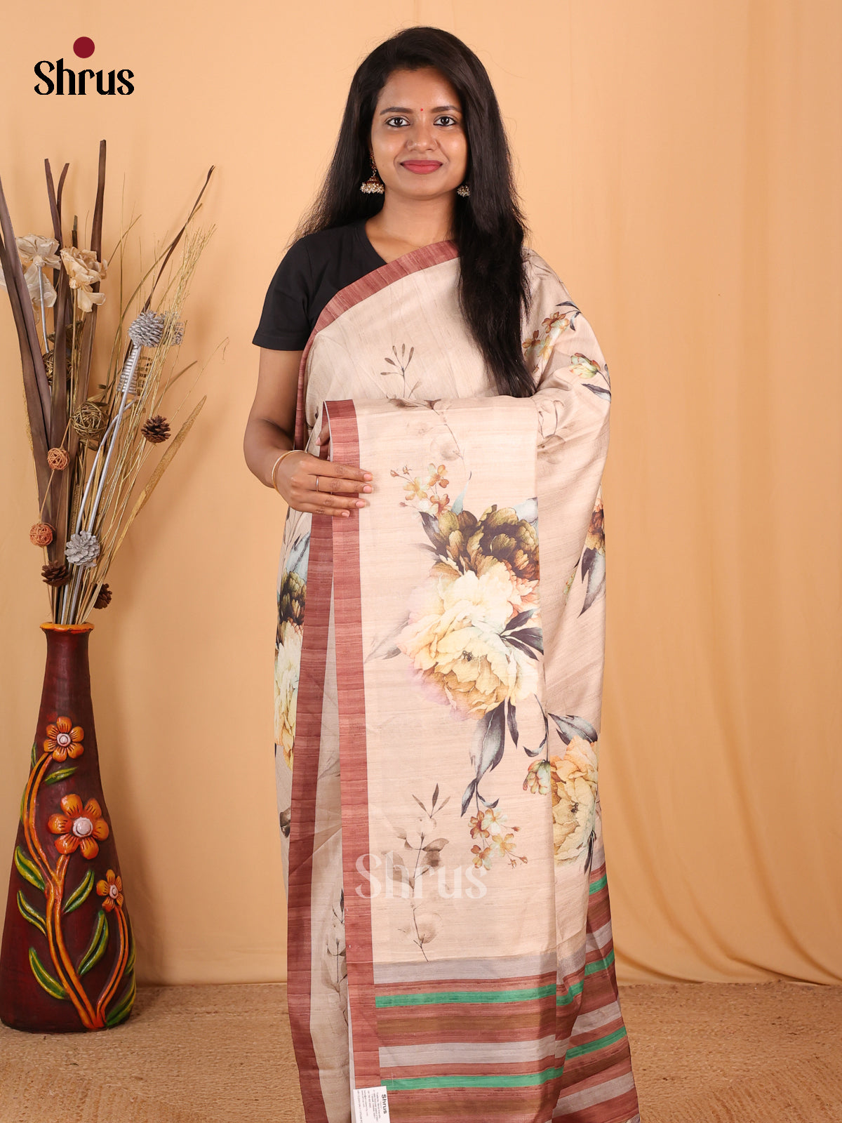 Cream & Brown - Champa semitussar Saree - Shop on Shrus.com