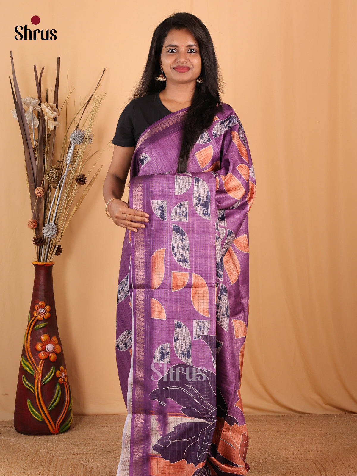 Purple & Orange - Champa semitussar Saree - Shop on Shrus.com