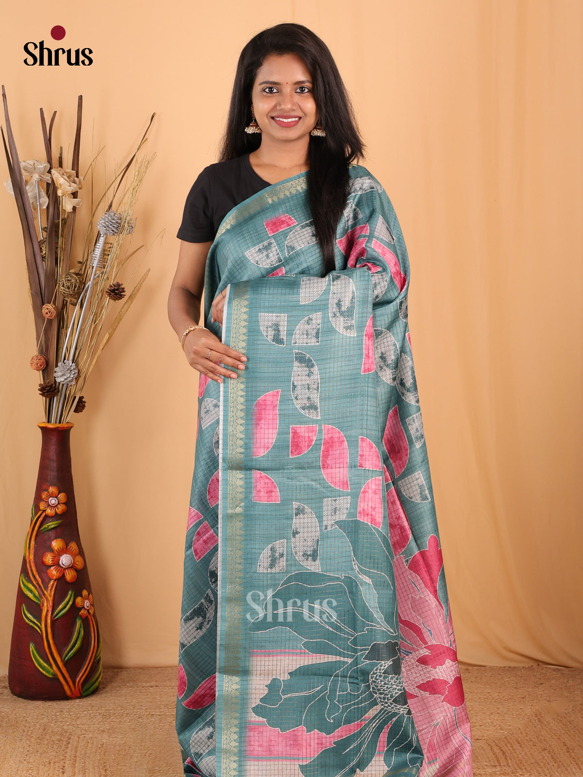 Greyish Blue - Champa semitussar Saree - Shop on Shrus.com