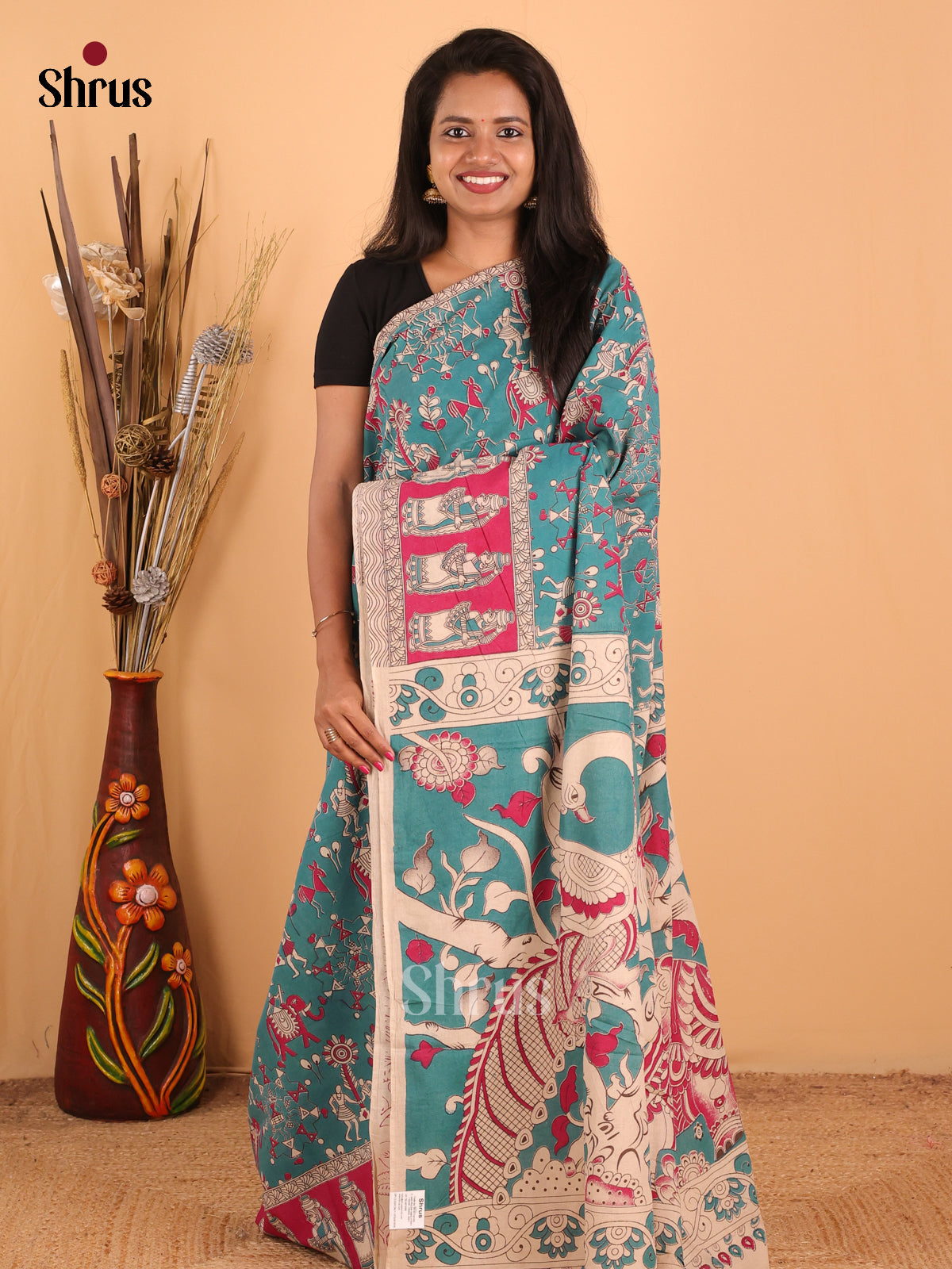 Blue & Pink - kalamkari-cotton Saree - Shop on Shrus.com