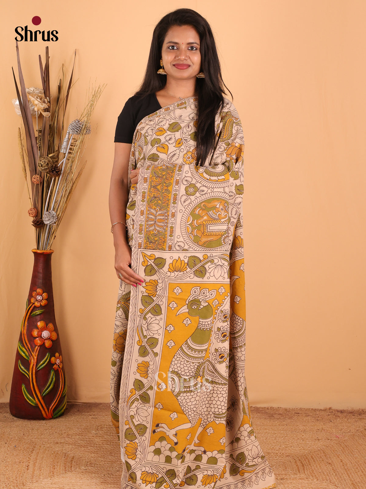 Yellow & Cream - kalamkari-cotton Saree - Shop on Shrus.com