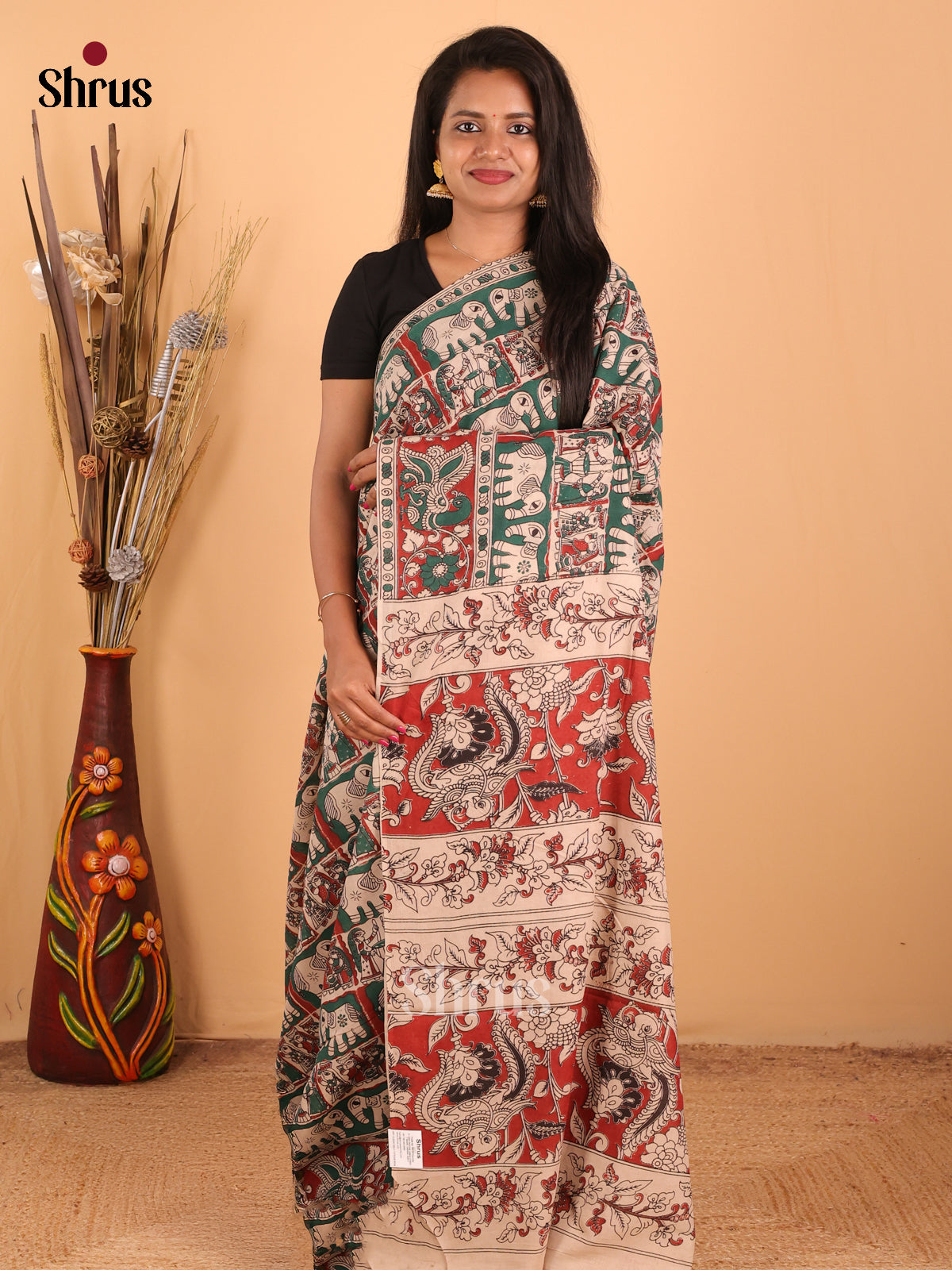 Green & Red - kalamkari-cotton Saree - Shop on Shrus.com