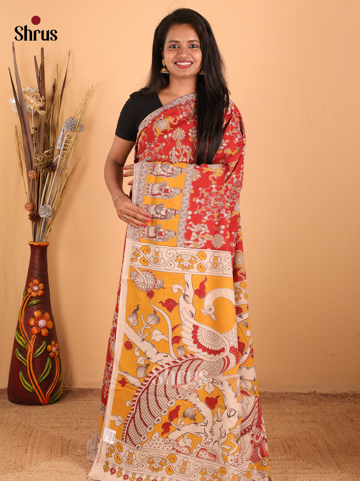 Red & Yellow - kalamkari-cotton Saree - Shop on Shrus.com