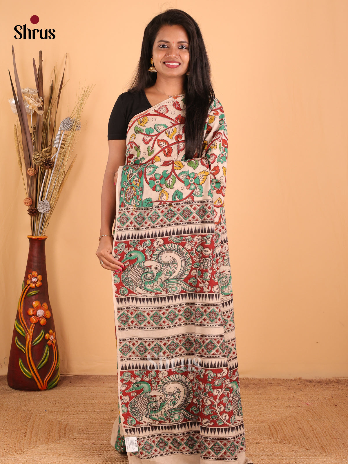 Cream & Red - kalamkari-cotton Saree - Shop on Shrus.com
