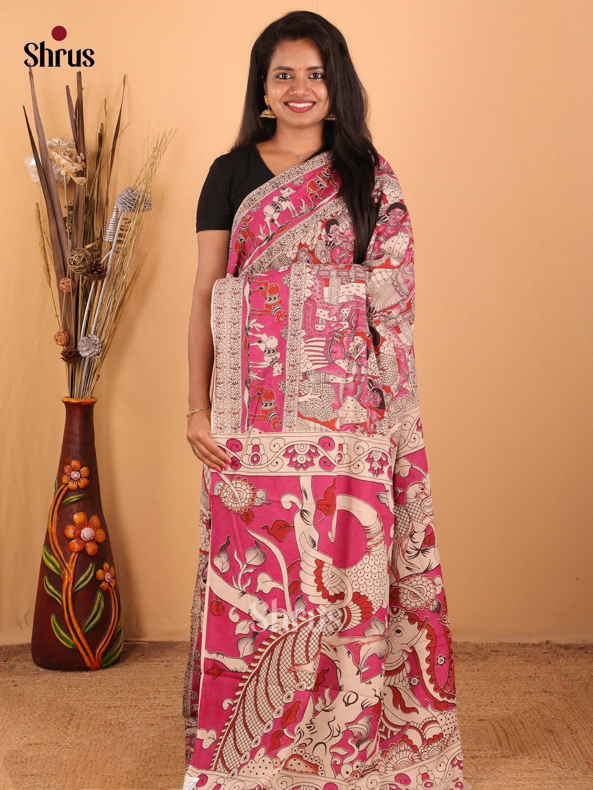 Cream & Pink - kalamkari-cotton Saree - Shop on Shrus.com