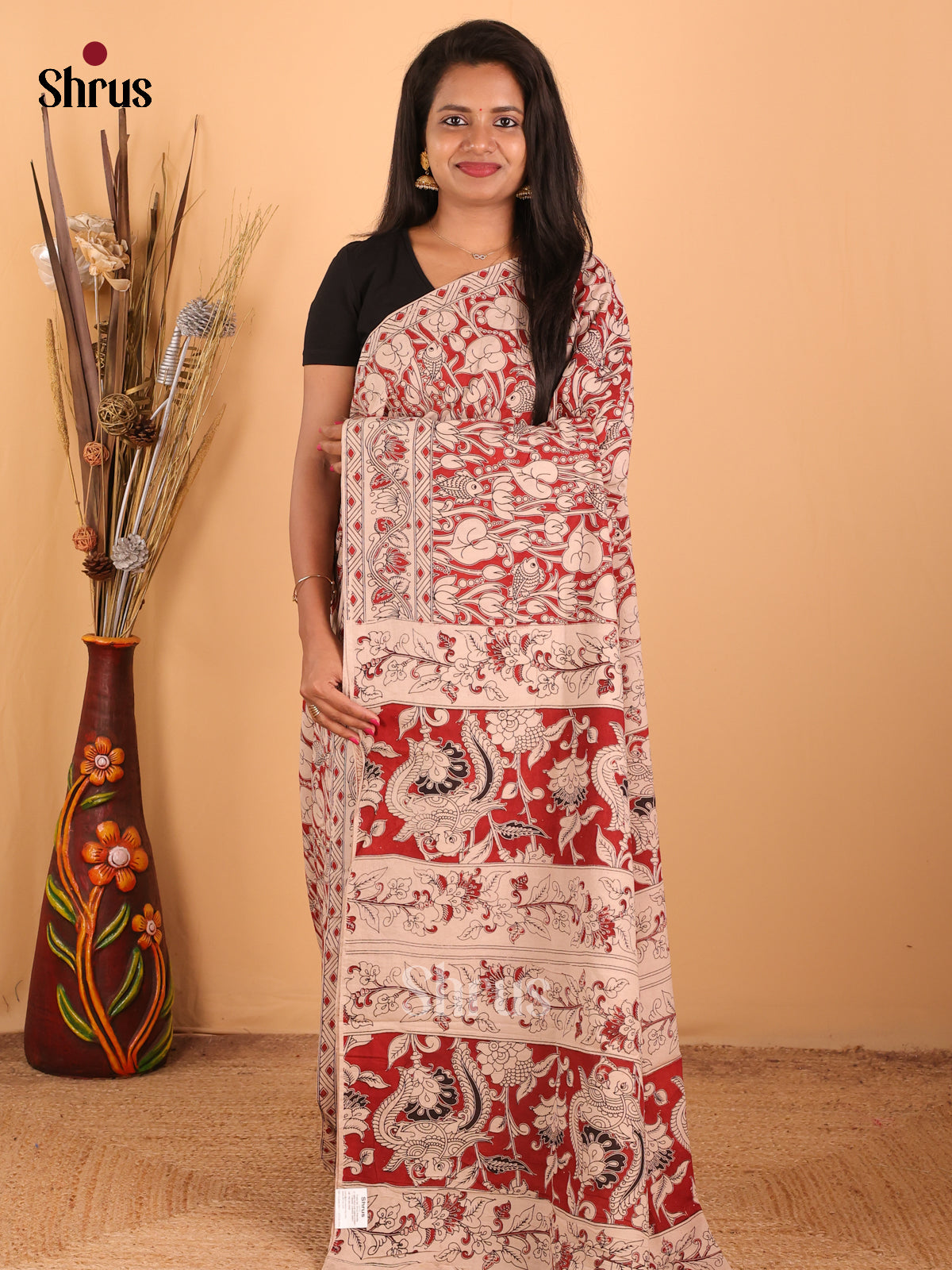 Red & Cream - kalamkari-cotton Saree - Shop on Shrus.com