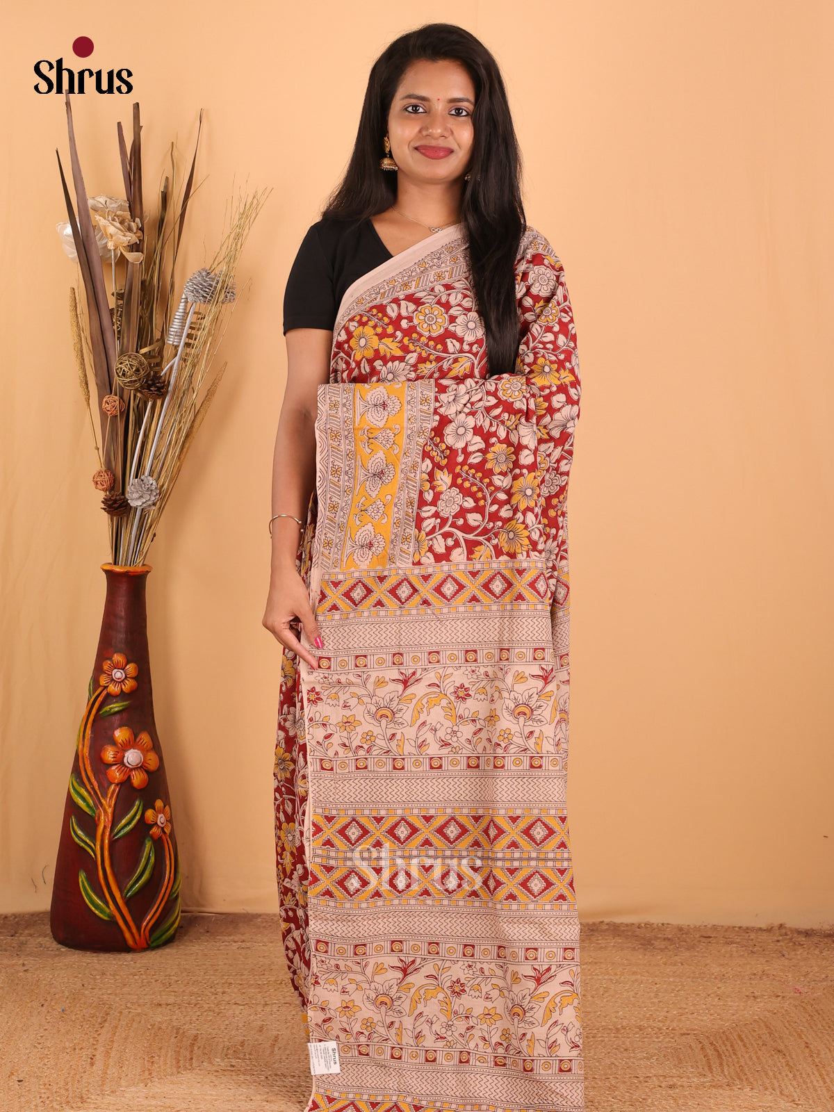 Red & Cream - kalamkari-cotton Saree - Shop on Shrus.com