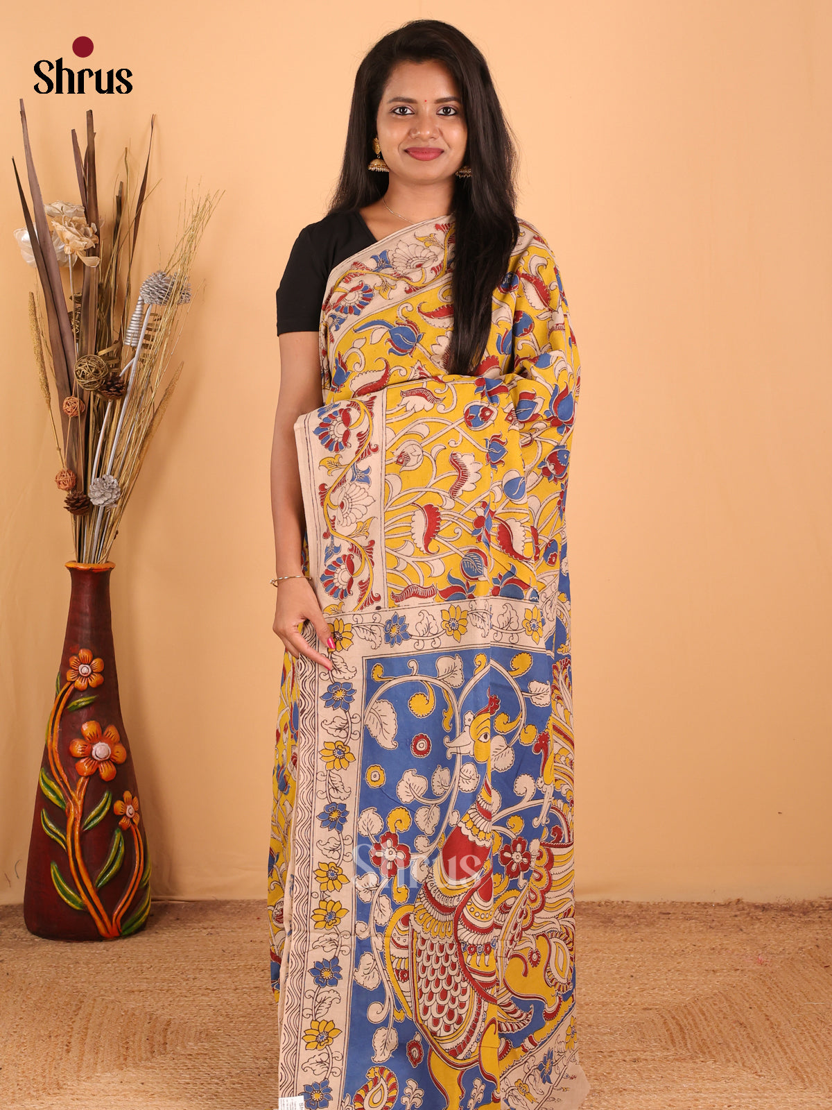 Yellow & Blue- kalamkari-cotton Saree - Shop on Shrus.com