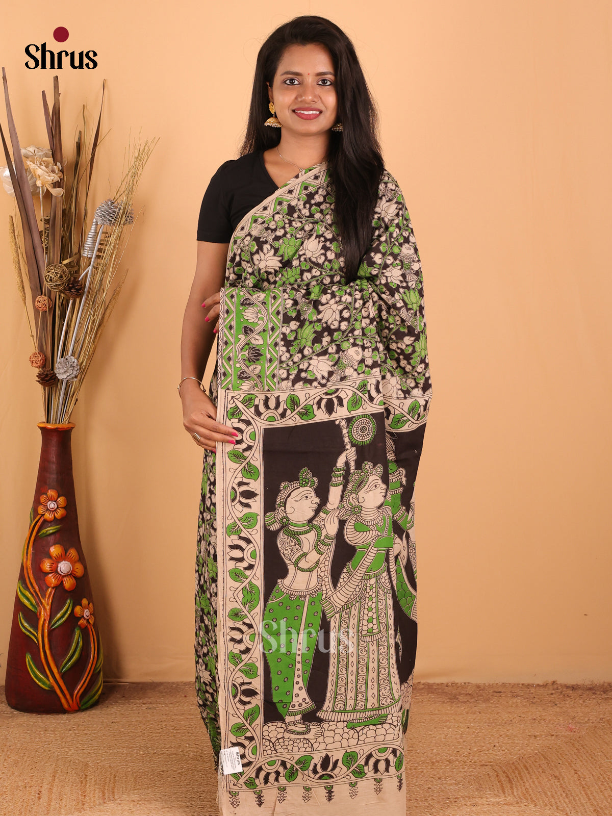 Green & Black - kalamkari-cotton Saree - Shop on Shrus.com