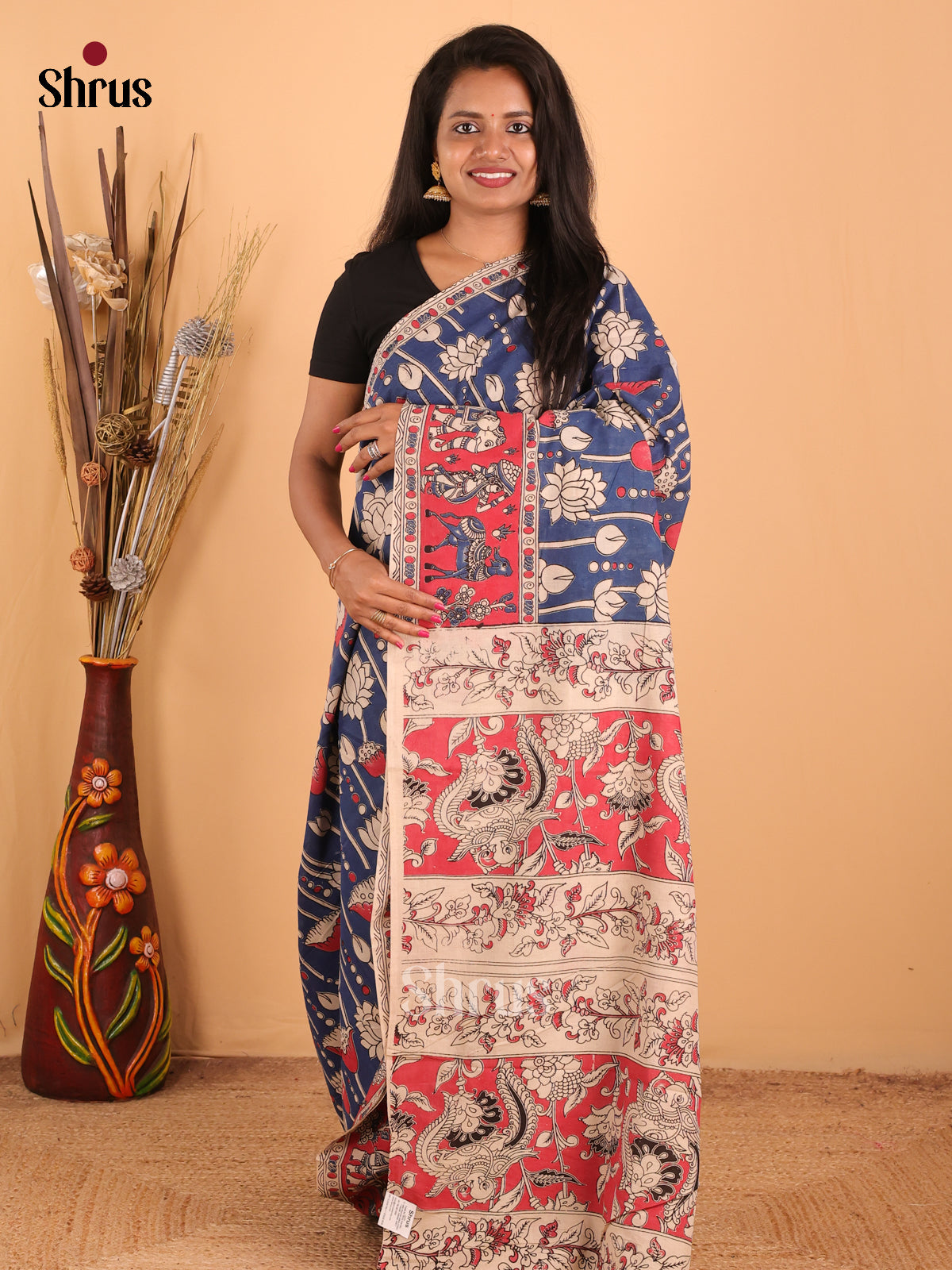 Blue & Pink - kalamkari-cotton Saree - Shop on Shrus.com