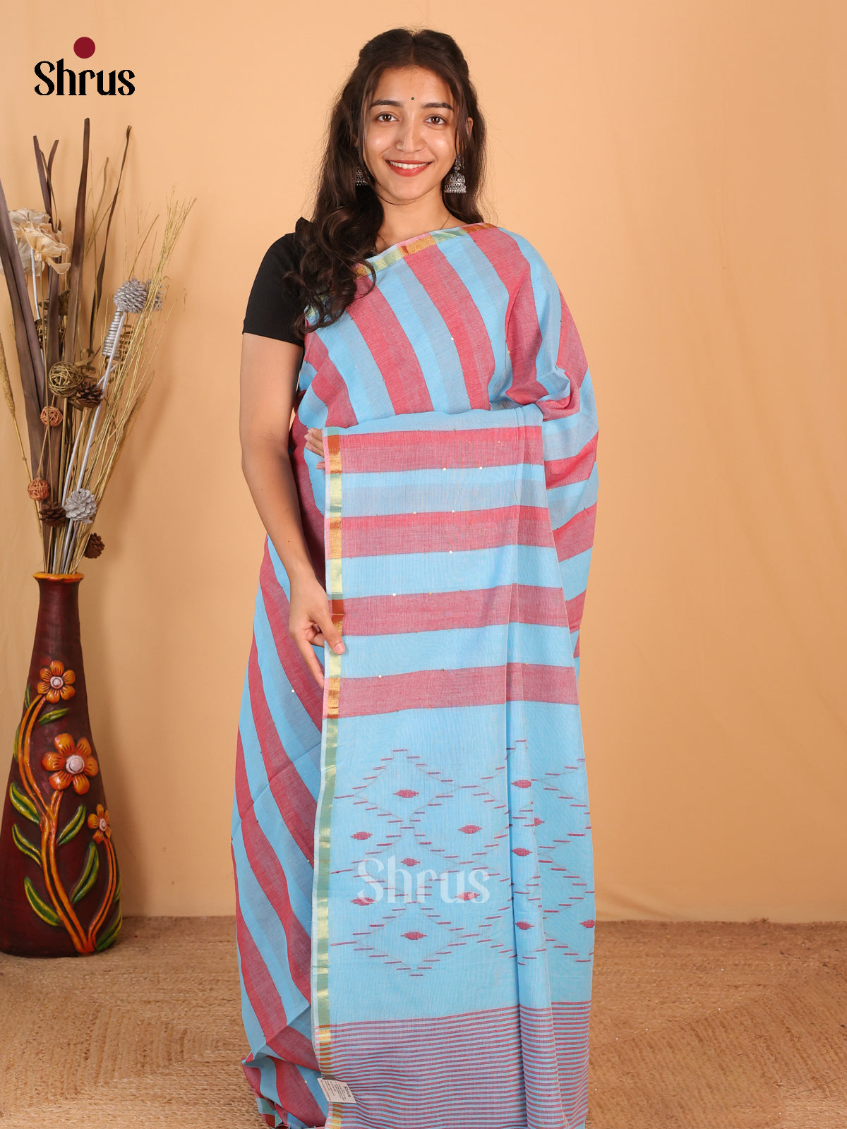 Blue & Red - Bengal cotton Saree - Shop on Shrus.com