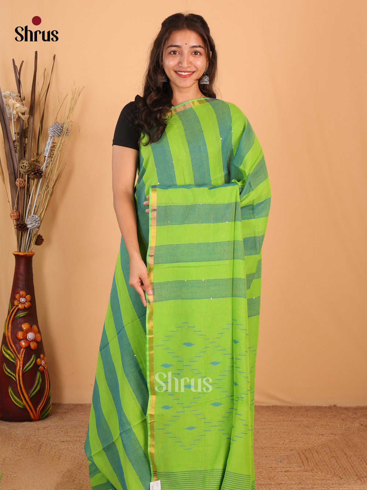 Lite Green & Green - Bengal cotton Saree - Shop on Shrus.com
