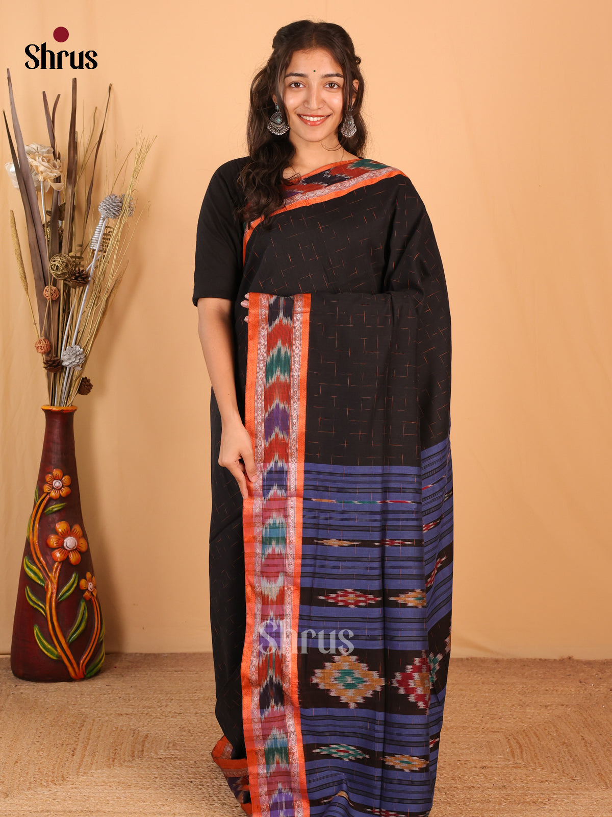 Black & Orange - Bengal cotton Saree - Shop on Shrus.com