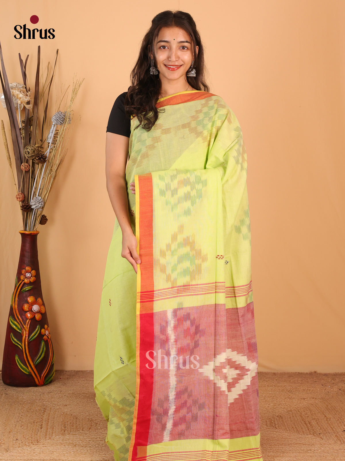Lite Green & Orange - Bengal cotton Saree - Shop on Shrus.com