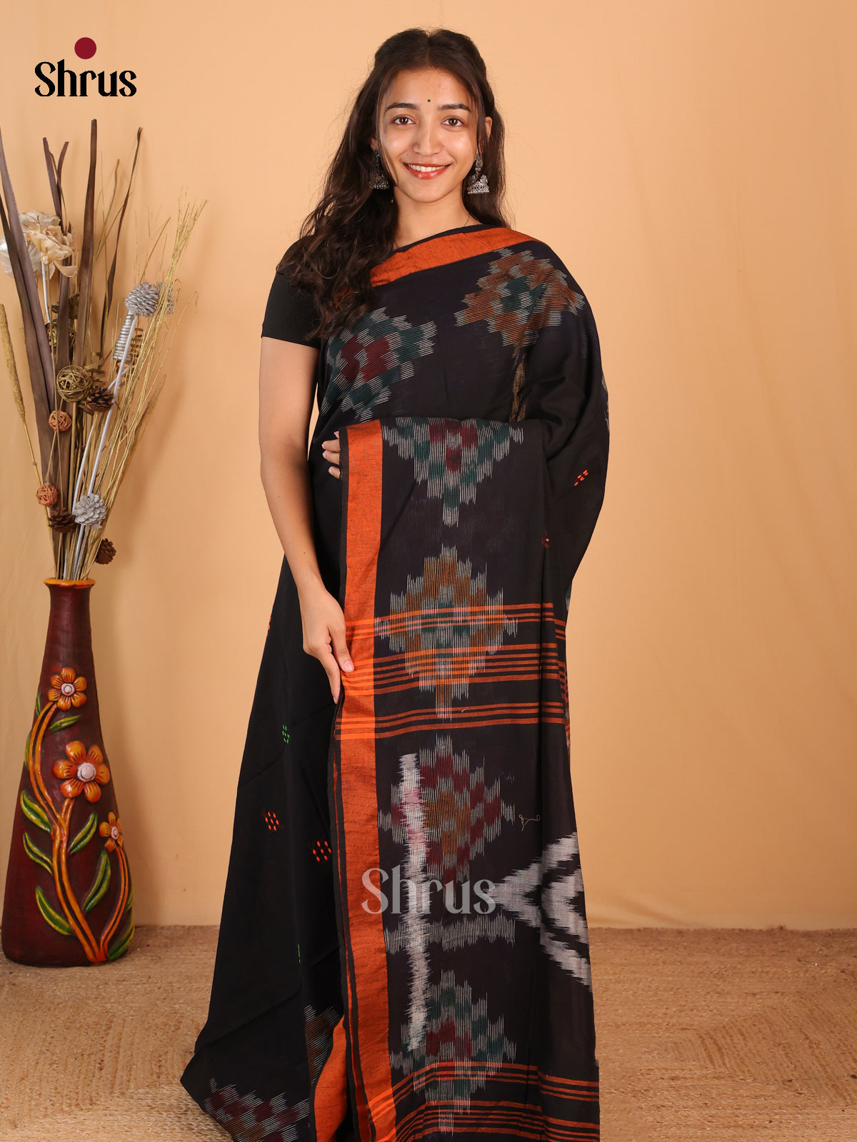 Black & Orange - Bengal cotton Saree - Shop on Shrus.com