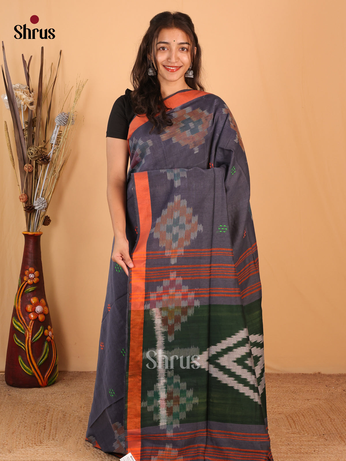 Black & Orange - Bengal cotton Saree - Shop on Shrus.com