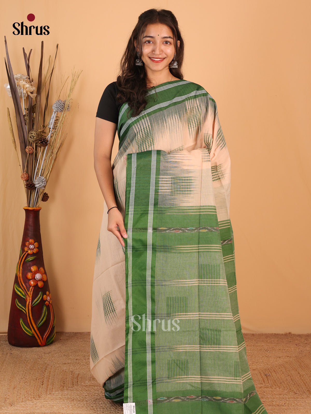Peach & Green - Bengal cotton Saree - Shop on Shrus.com