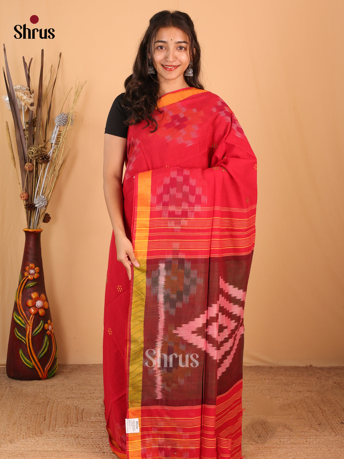 Red & Brown - Bengal cotton Saree - Shop on Shrus.com