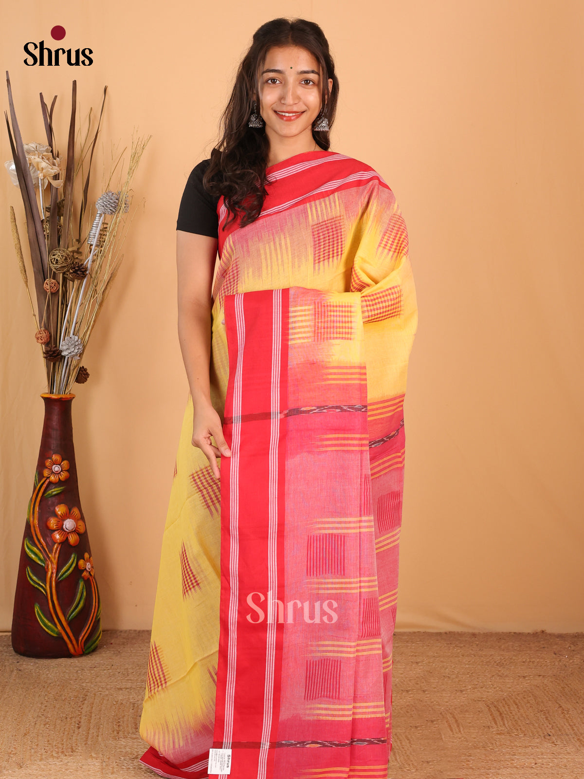 Yellow & Red - Bengal cotton Saree - Shop on Shrus.com
