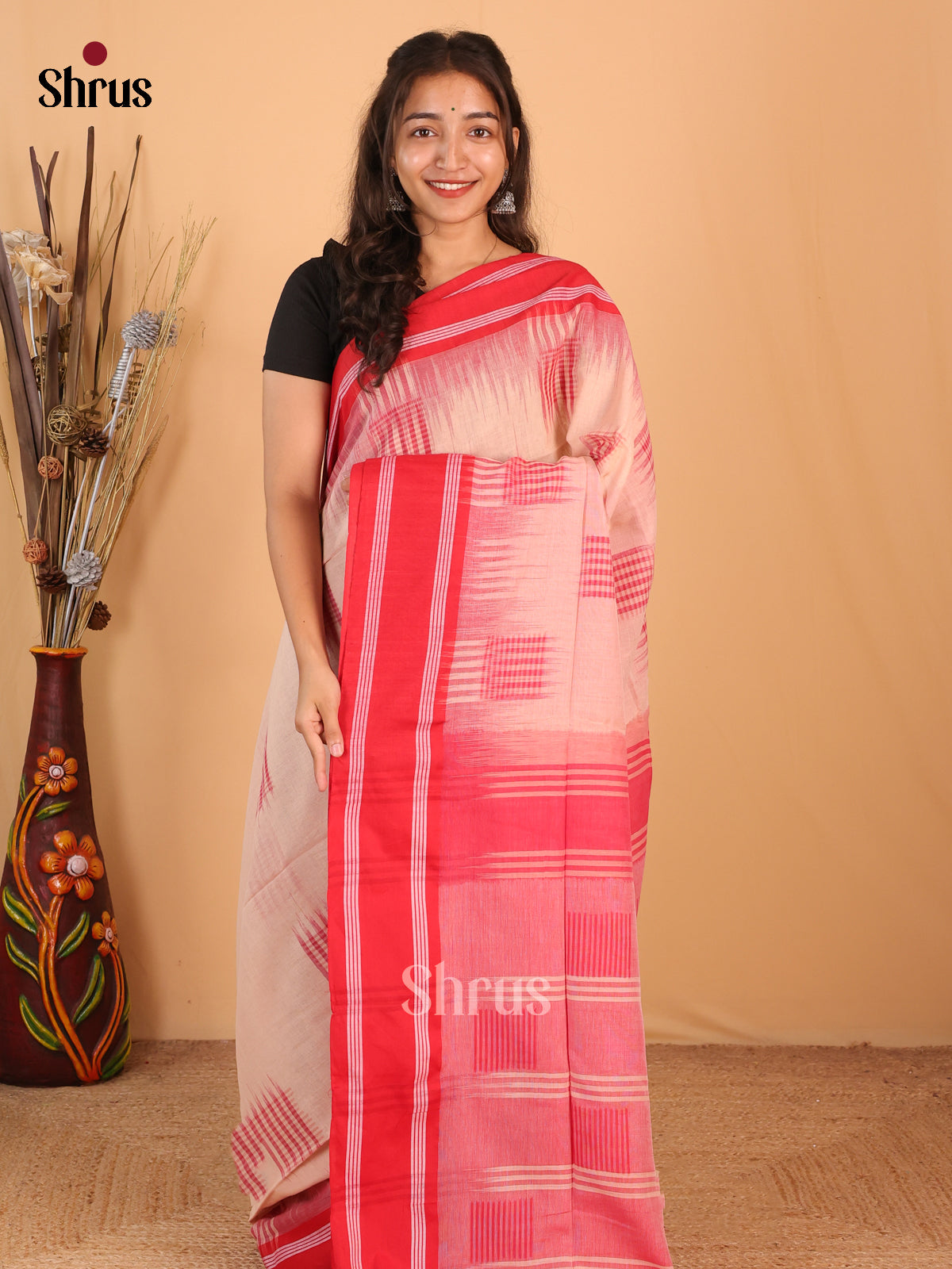 Cream & Red - Bengal cotton Saree - Shop on Shrus.com