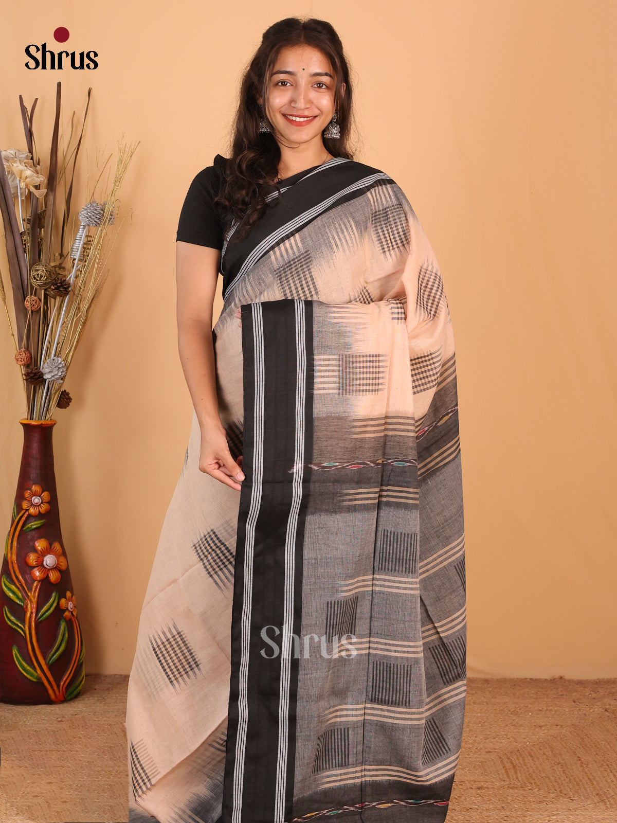 Peach & Grey- Bengal cotton Saree - Shop on Shrus.com