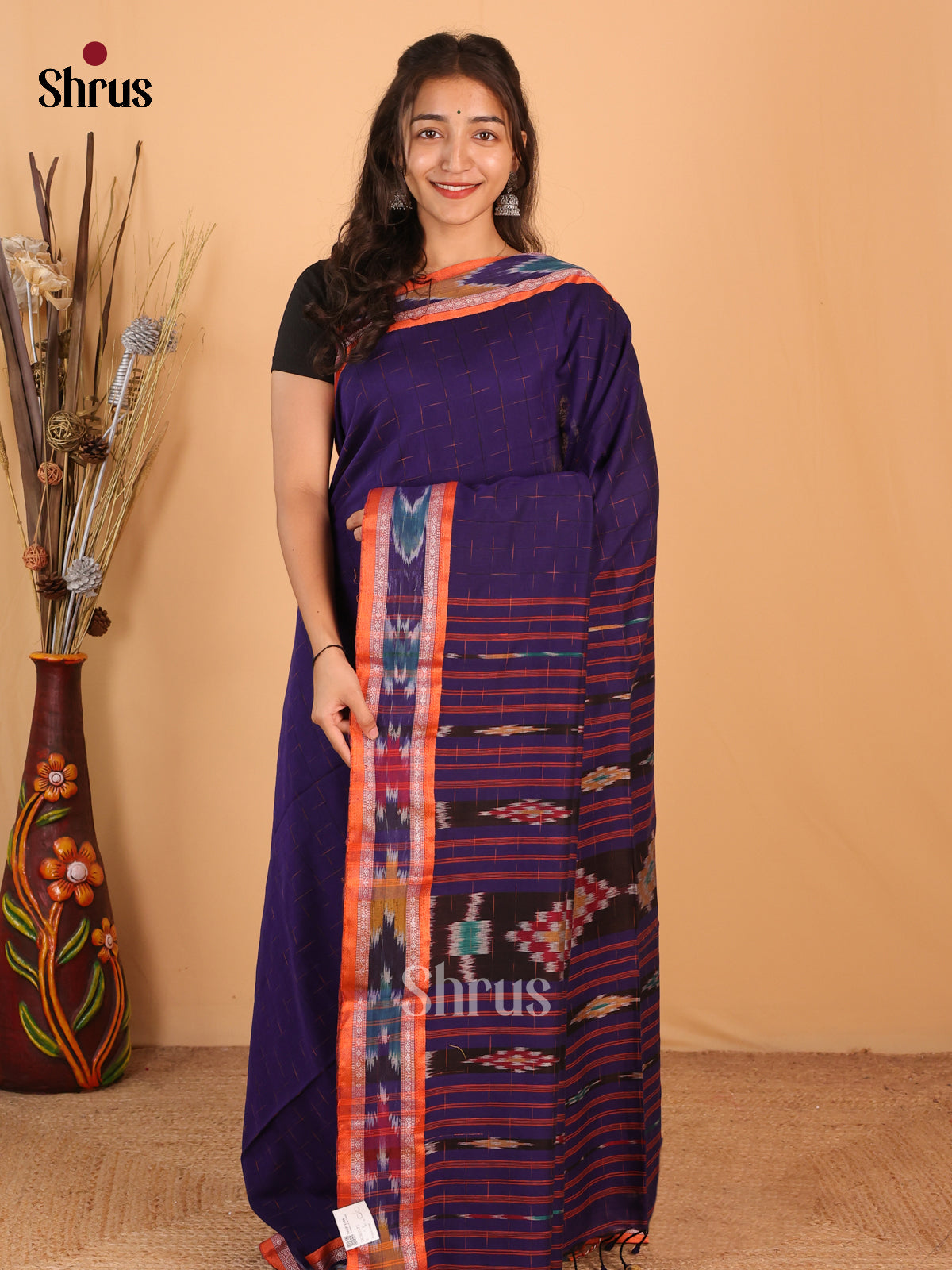 Blue & Orange - Bengal cotton Saree - Shop on Shrus.com