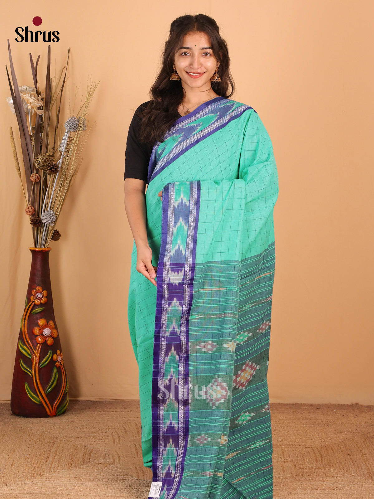 Teal Green & Purple - Bengal cotton Saree - Shop on Shrus.com