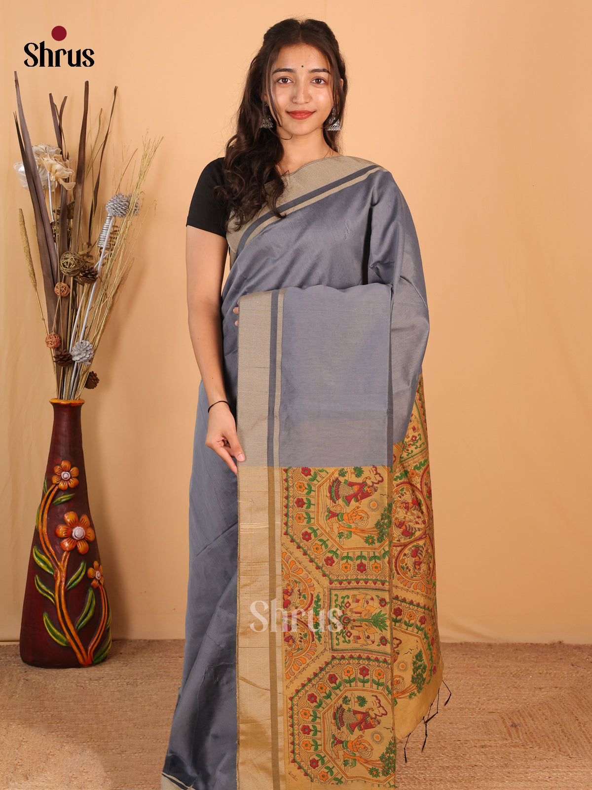 Grey & Beige - Bengal cotton Saree - Shop on Shrus.com