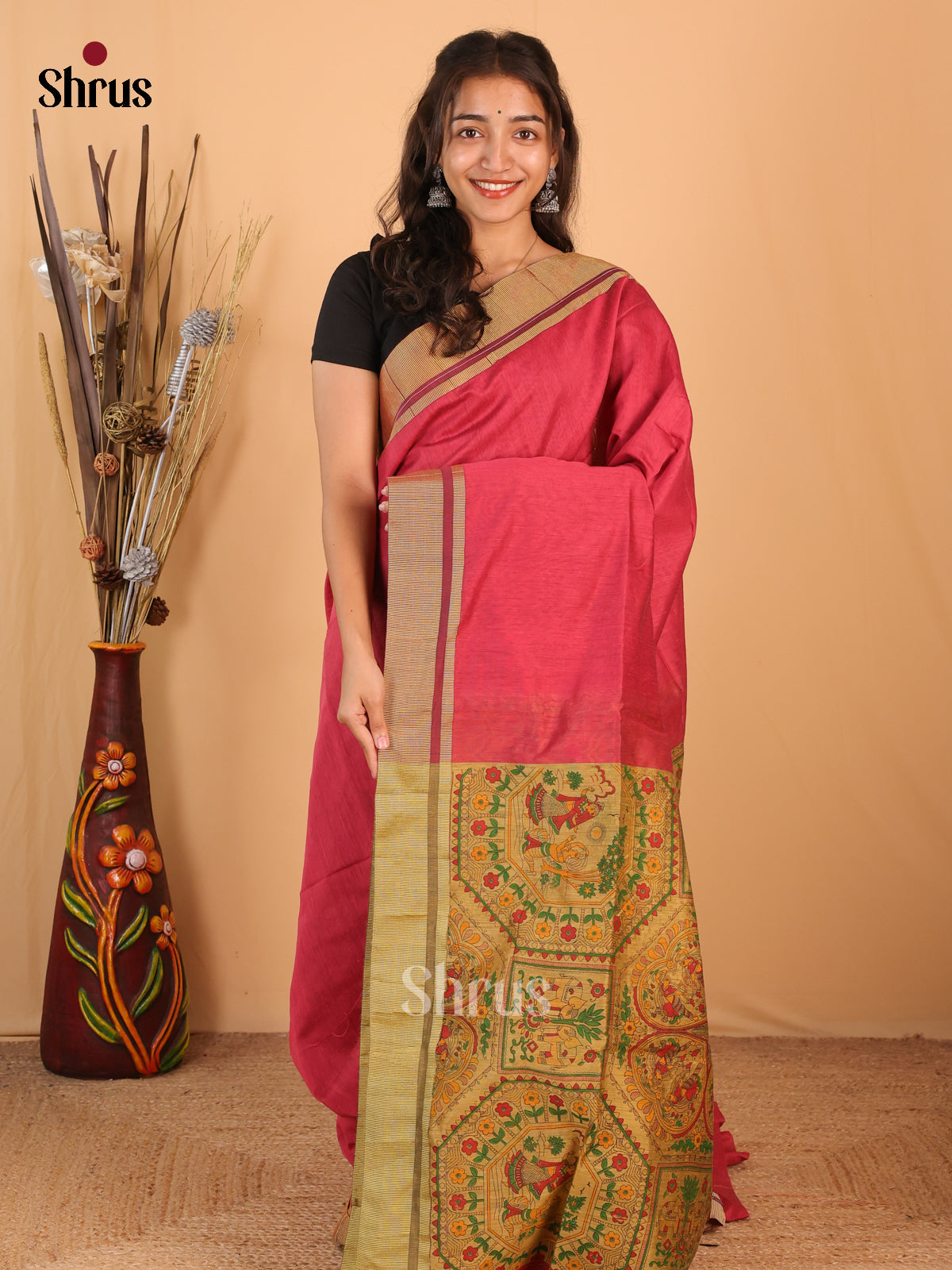 Red & Beige- Bengal cotton Saree - Shop on Shrus.com
