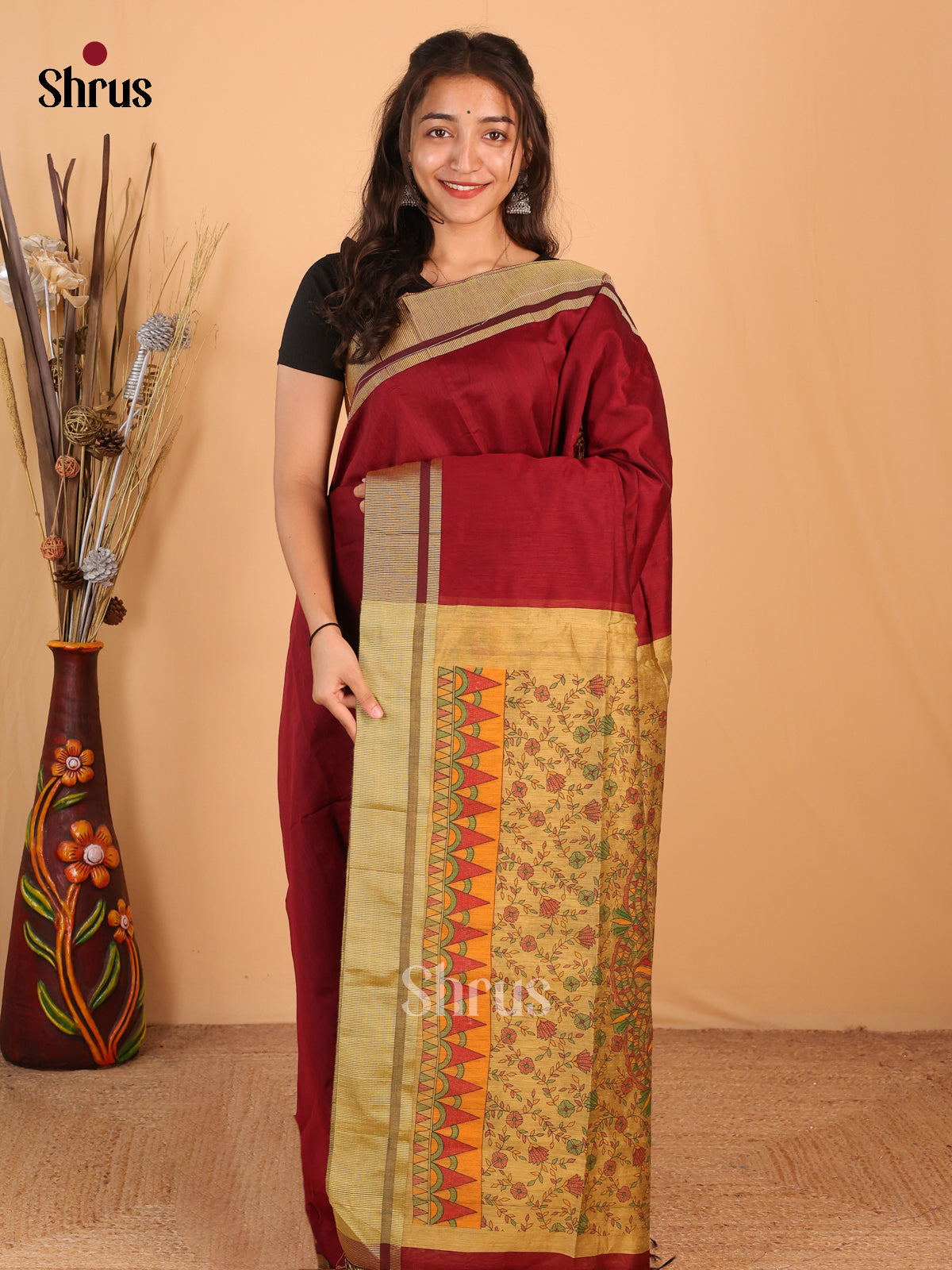 Maroon & Beige - Bengal cotton Saree - Shop on Shrus.com