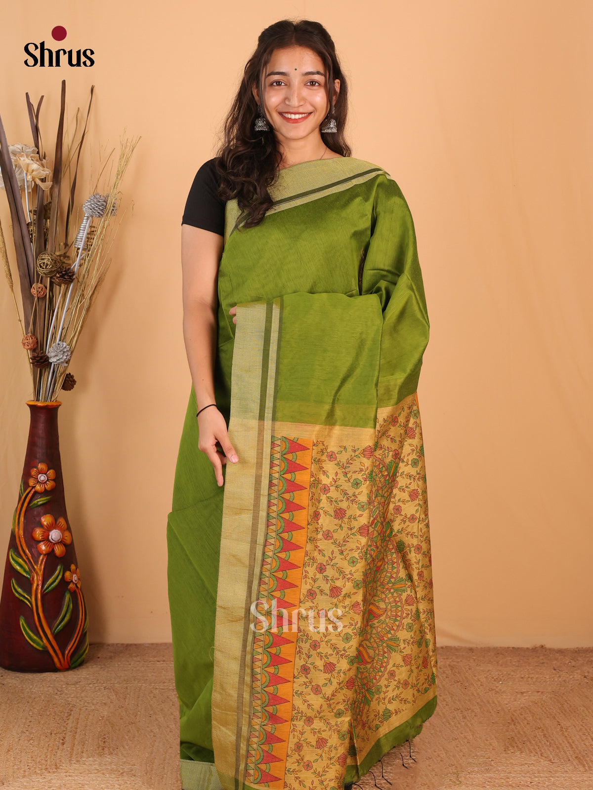 Green & Beige - Bengal cotton Saree - Shop on Shrus.com