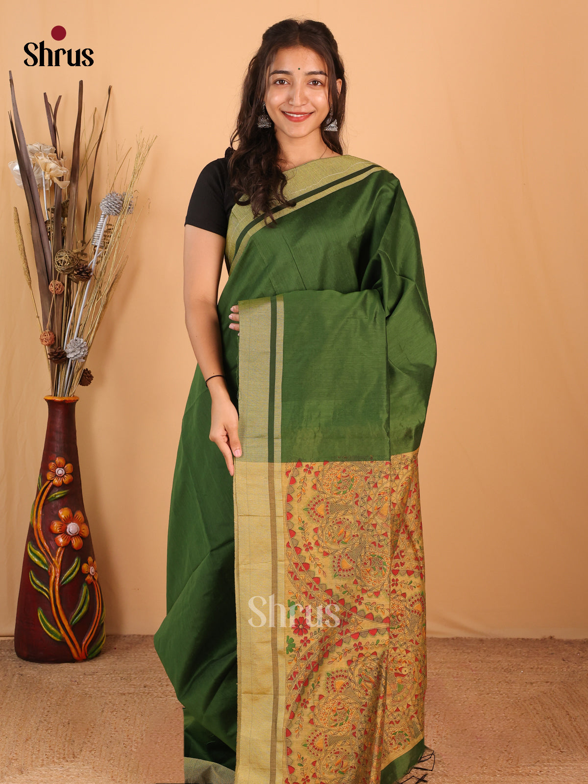 Green & Beige - Bengal cotton Saree - Shop on Shrus.com