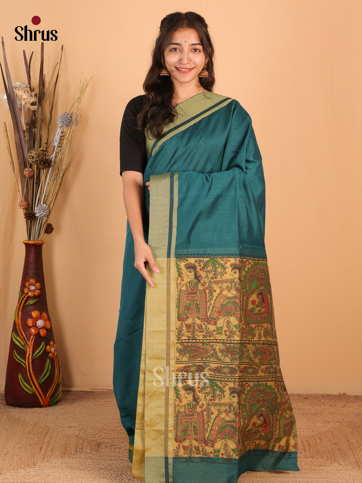 Peacock Blue & Beige - Bengal cotton Saree - Shop on Shrus.com